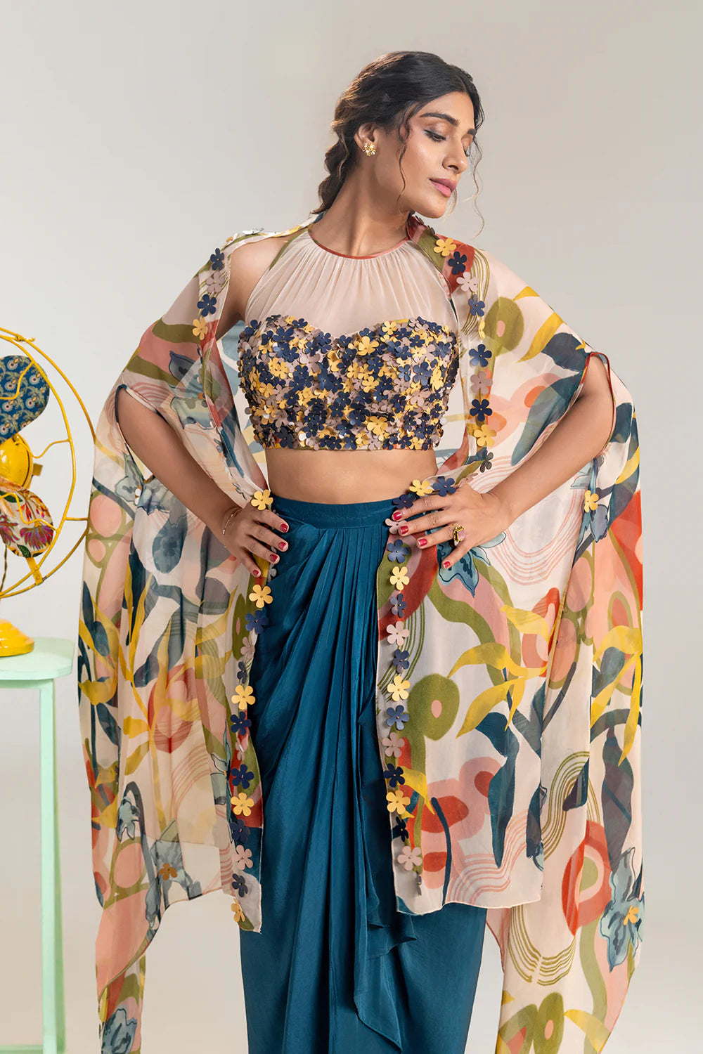 Flora Embroidered Drape Skirt Set With Cape