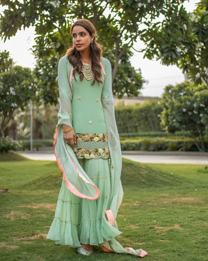 Green Embroidered Gharara Set