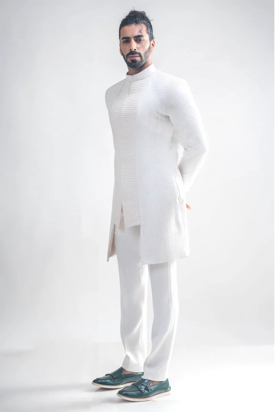 White Embroidered Pintucks Achkan