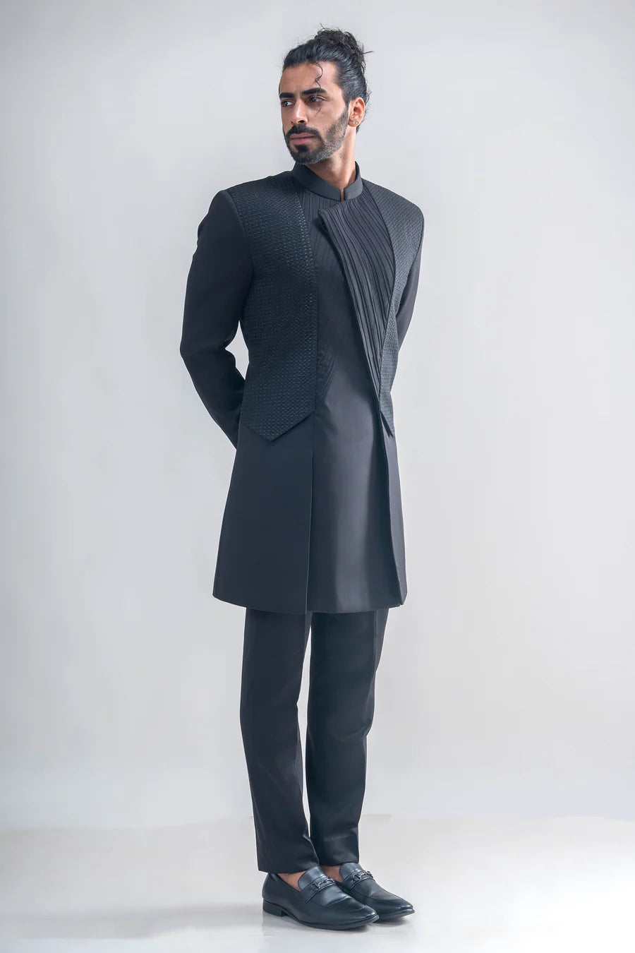 Black Embroidered Pintucks Achkan