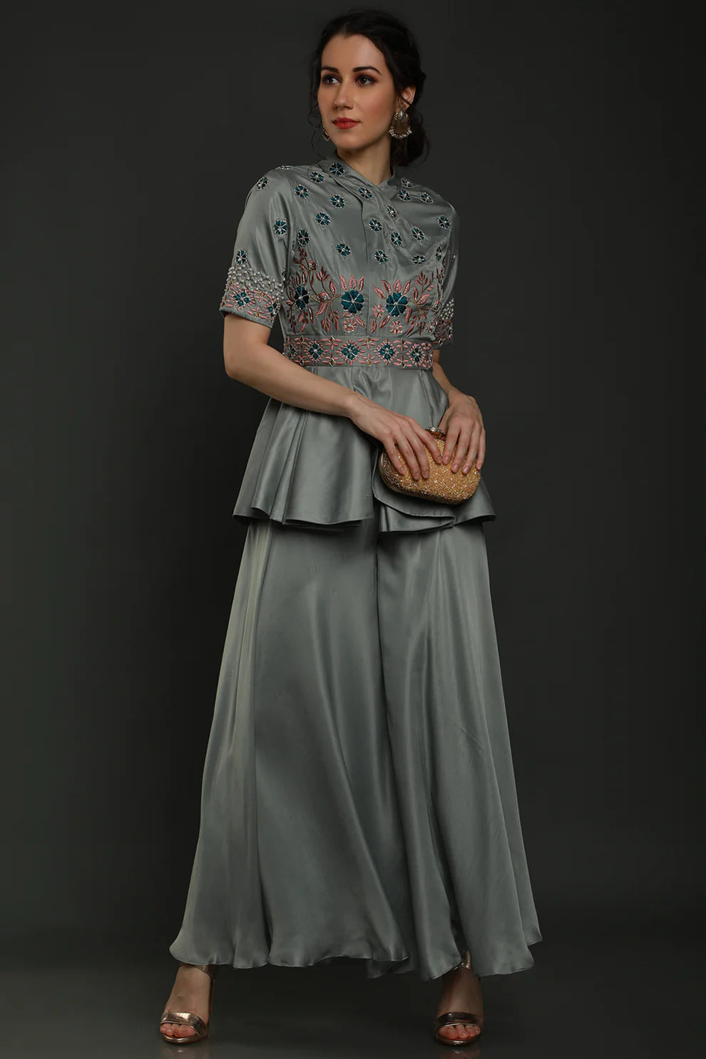 Grey Embroidered Peplum Jumpsuit