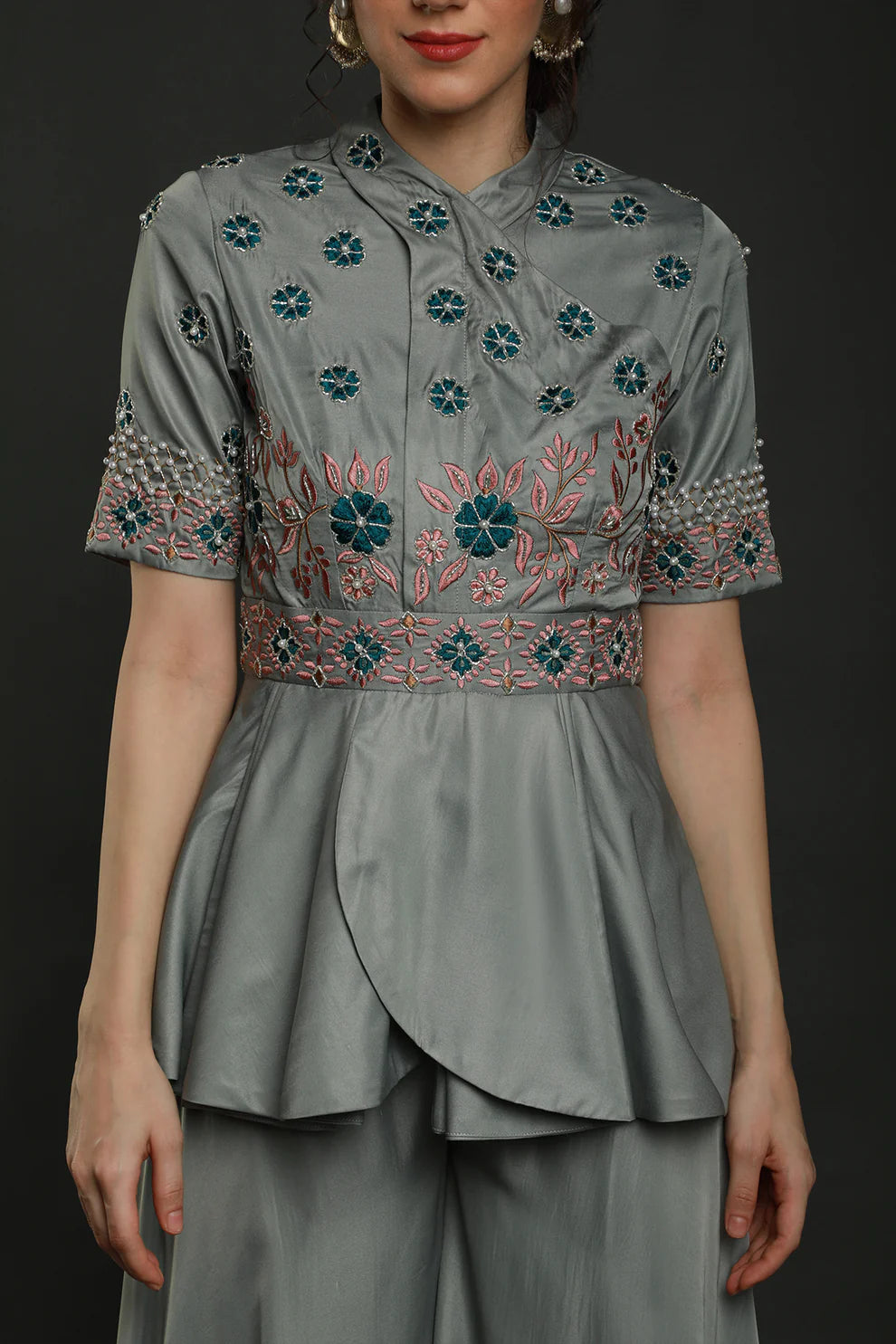 Grey Embroidered Peplum Jumpsuit