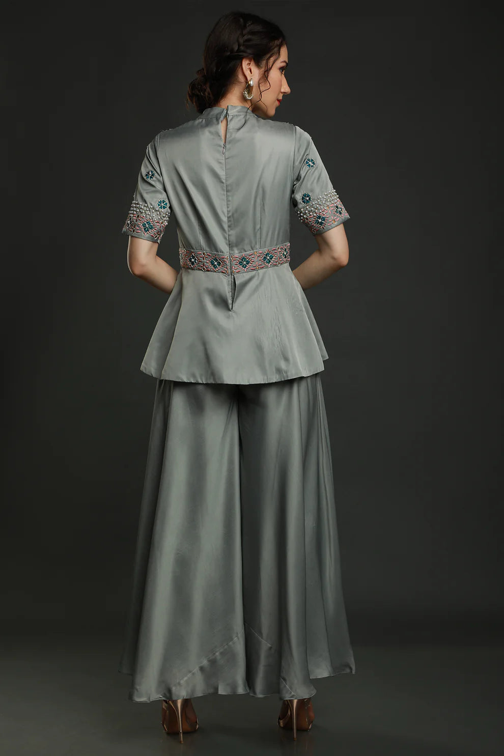 Grey Embroidered Peplum Jumpsuit