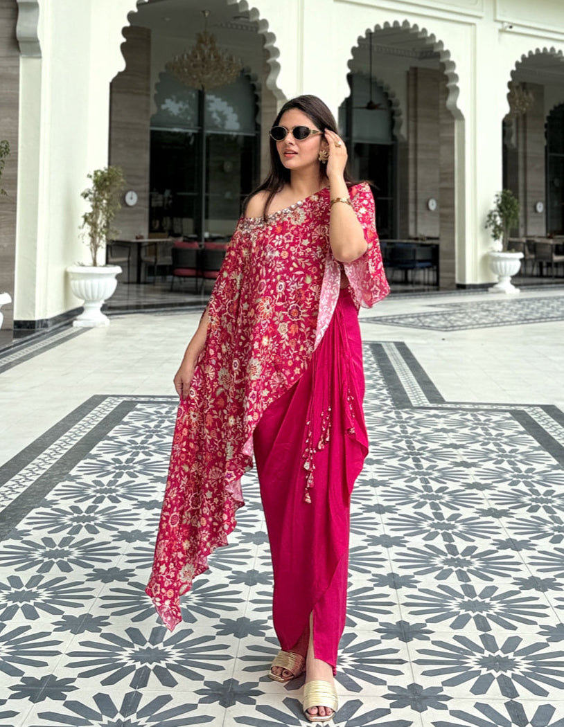 Gulabi Noor Pleated Skirt with Asymmetric Cape Set