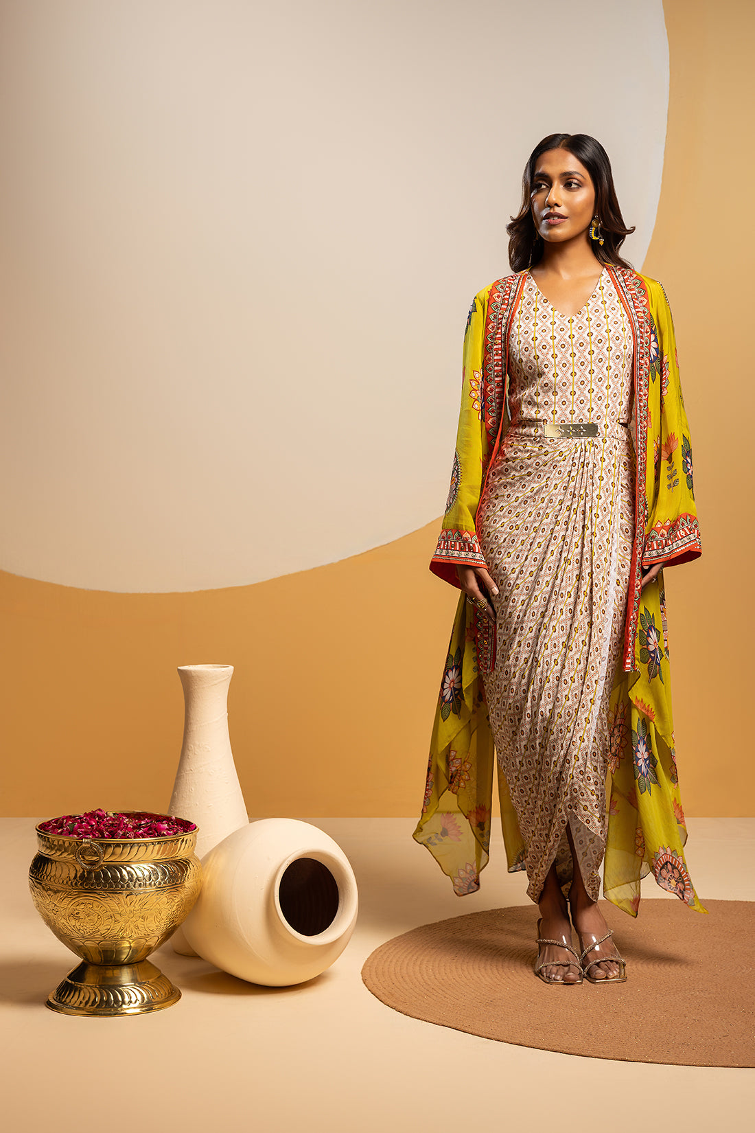 TAARANI YELLOW EMBELLISHED DRAPE DRESS SET