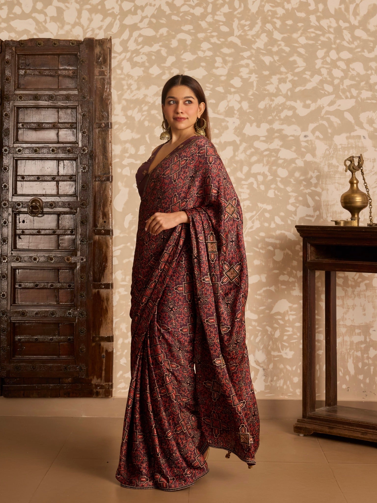 Ajrakh V neck tie up blouse with saree