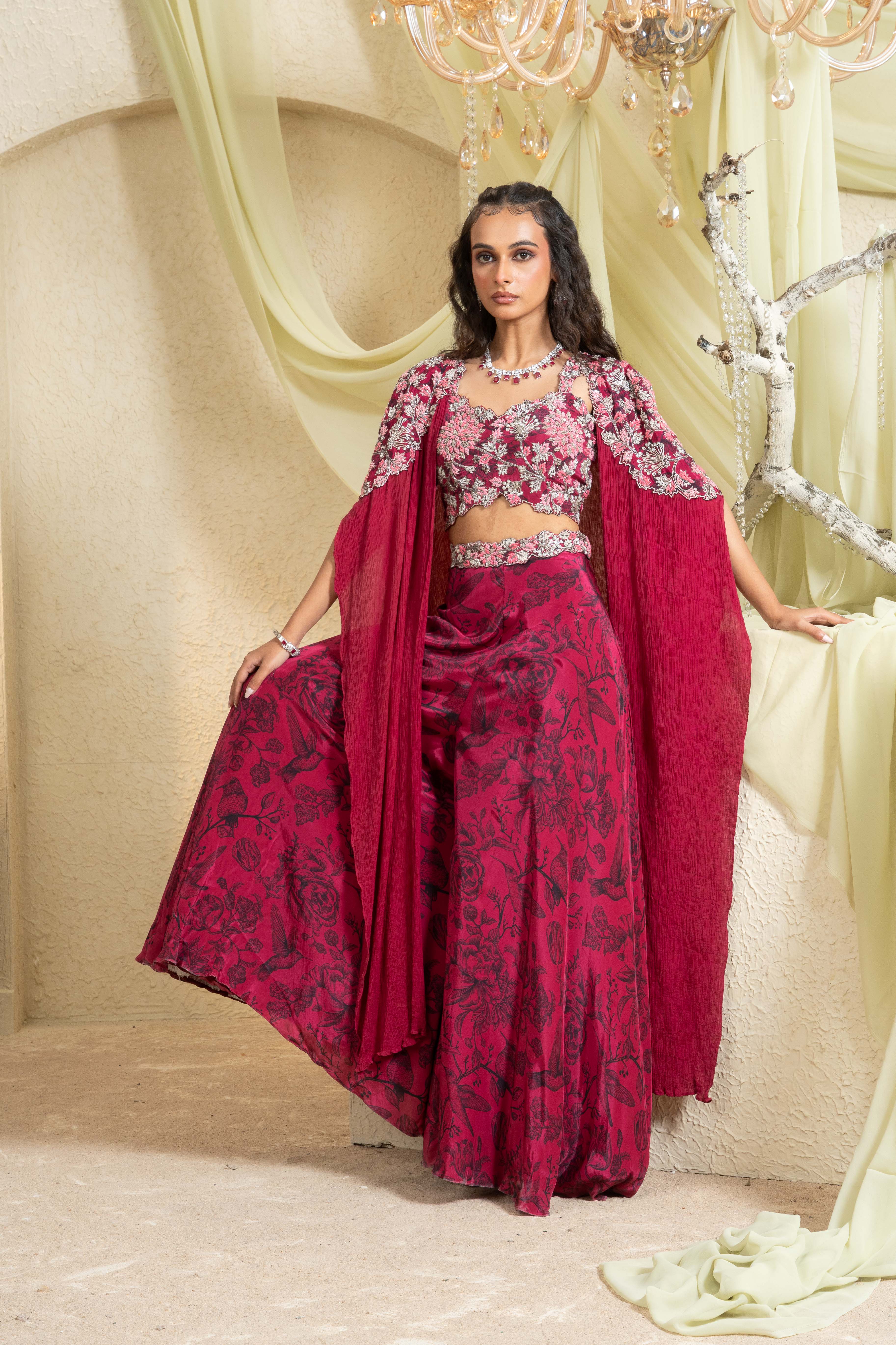 Shadow Rose Hand-Embroidered Wide Legged Pant with Cape