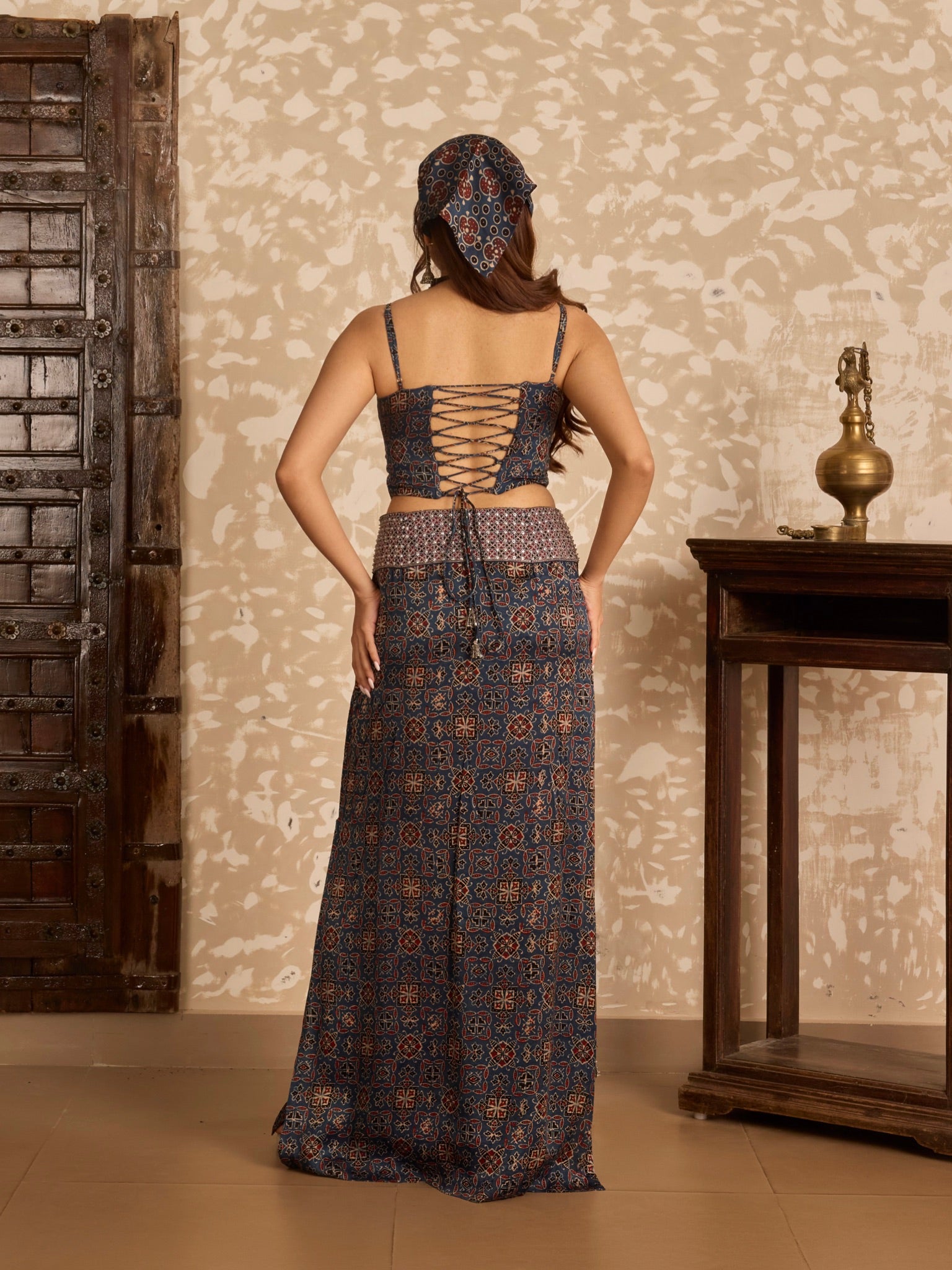 Ajrakh Short Jacket with Corset & Long Skirt Set