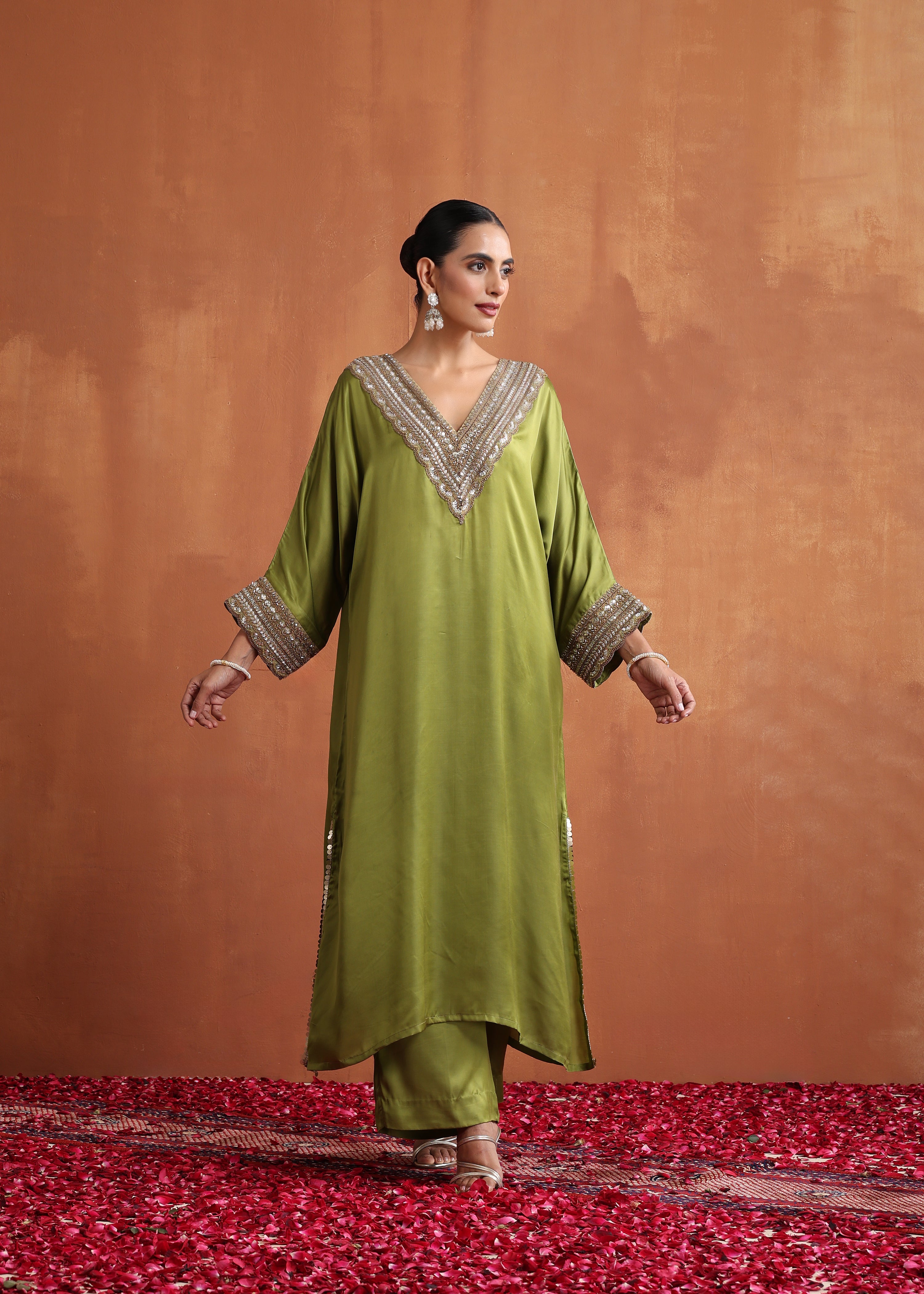 Aanchal Jain in Olive Green Hand embroidery Phiran  Kurta Set