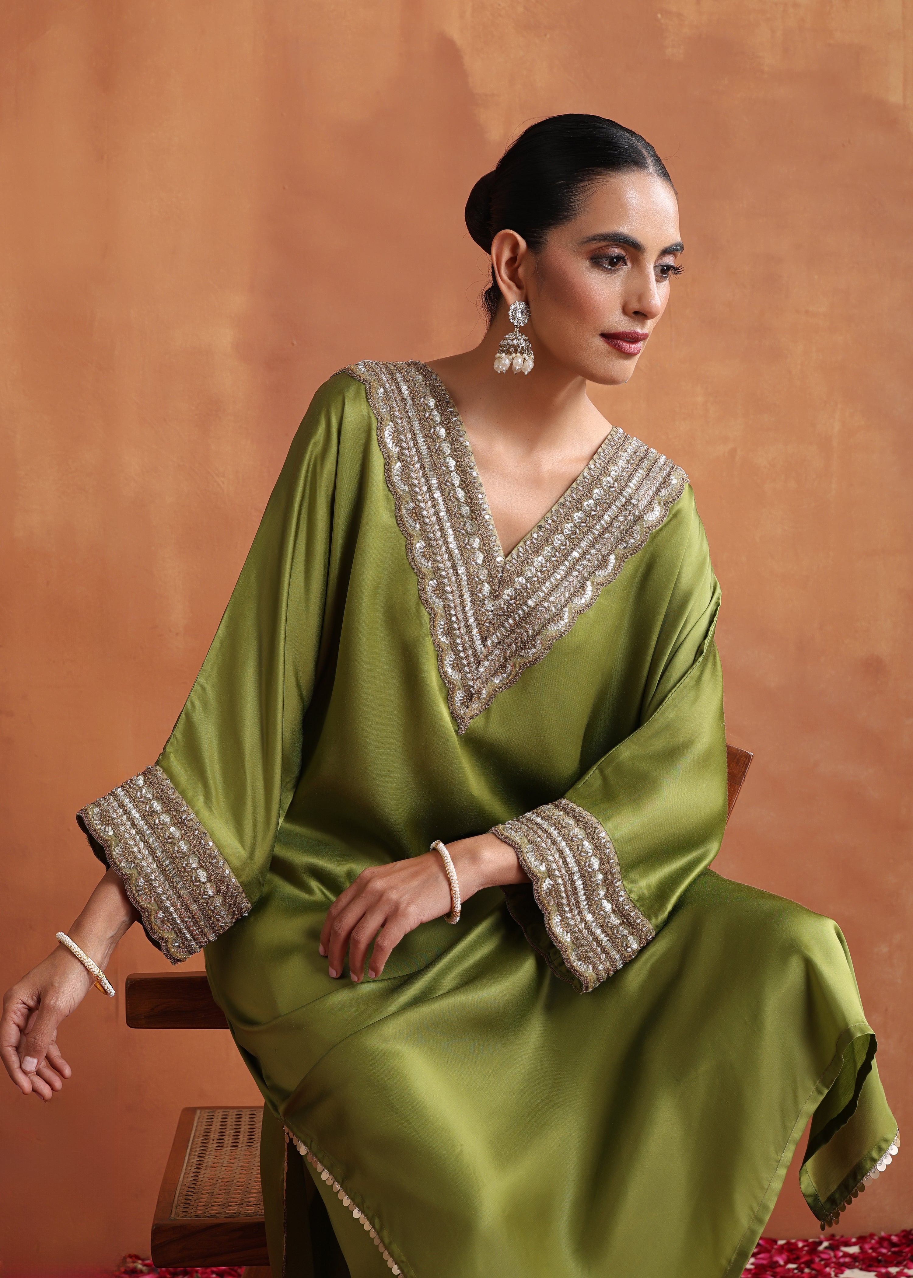Aanchal Jain in Olive Green Hand embroidery Phiran  Kurta Set