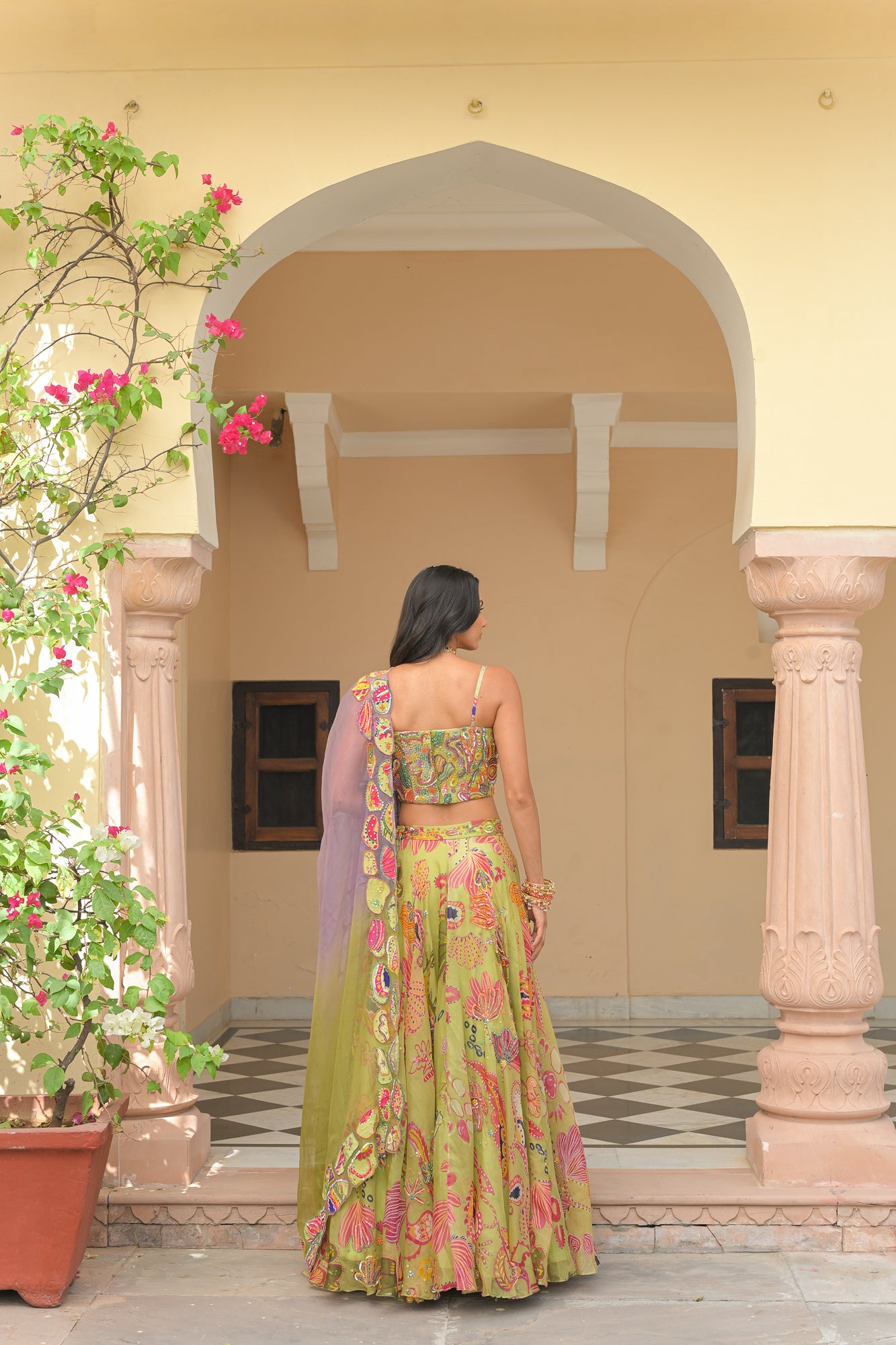 Olive Bloom Lehenga with Corset and Shaded Applique Dupatta