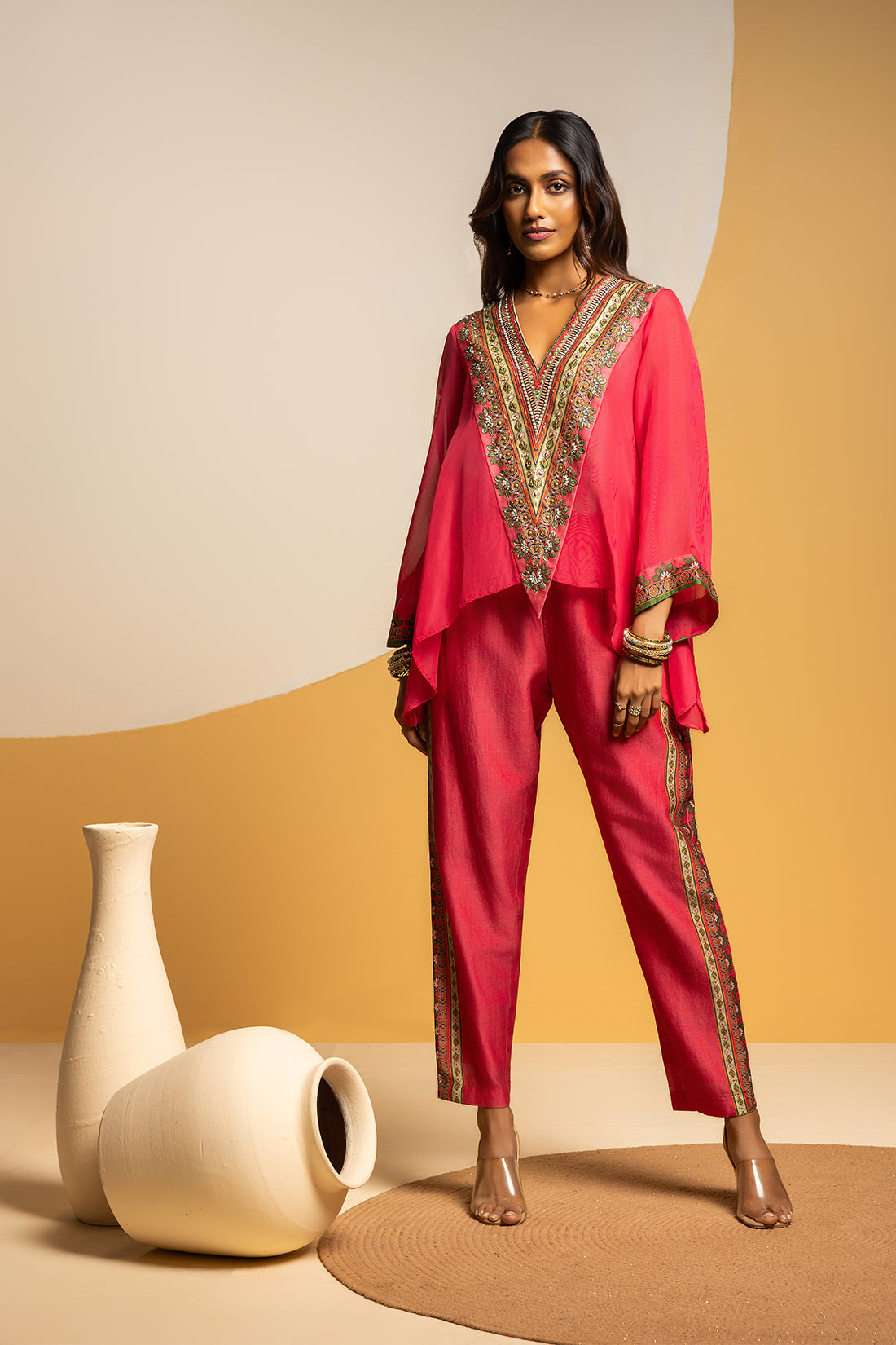 TAARANI PINK EMBELLISHED V NECK CO-ORD SET