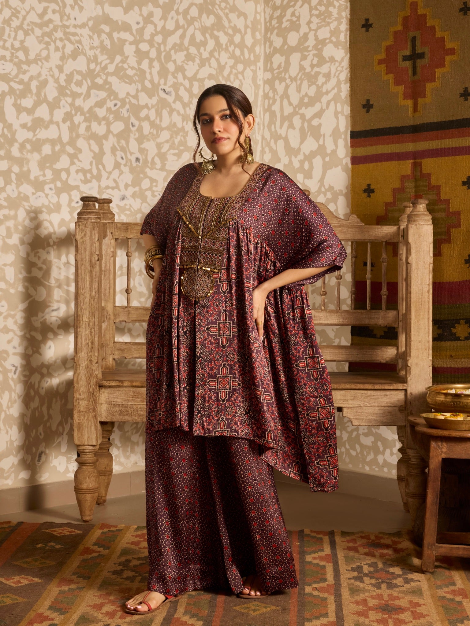 Ajrakh Red Short Kaftan Set