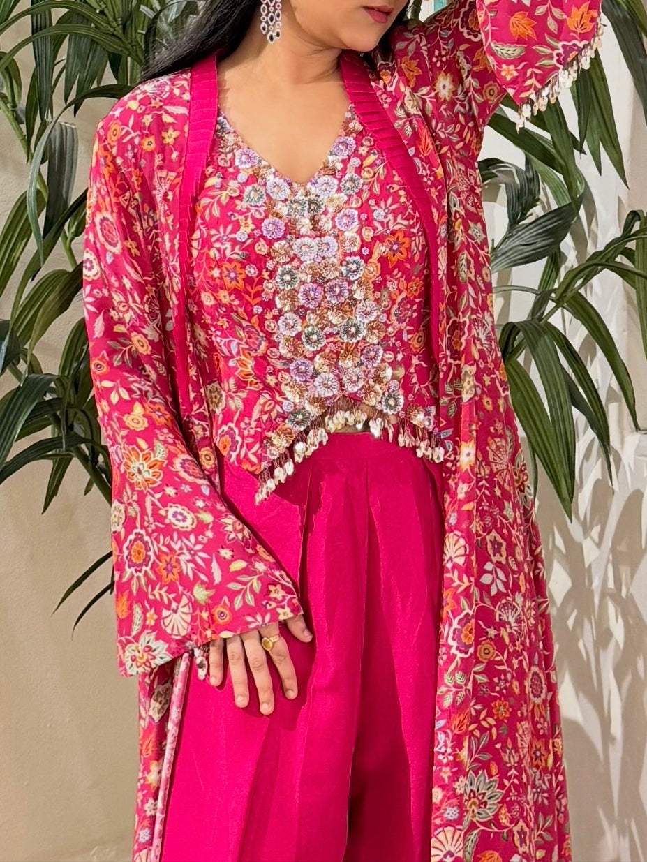 Gulabi Noor Short Top with Wide Leg Pants & Jacket