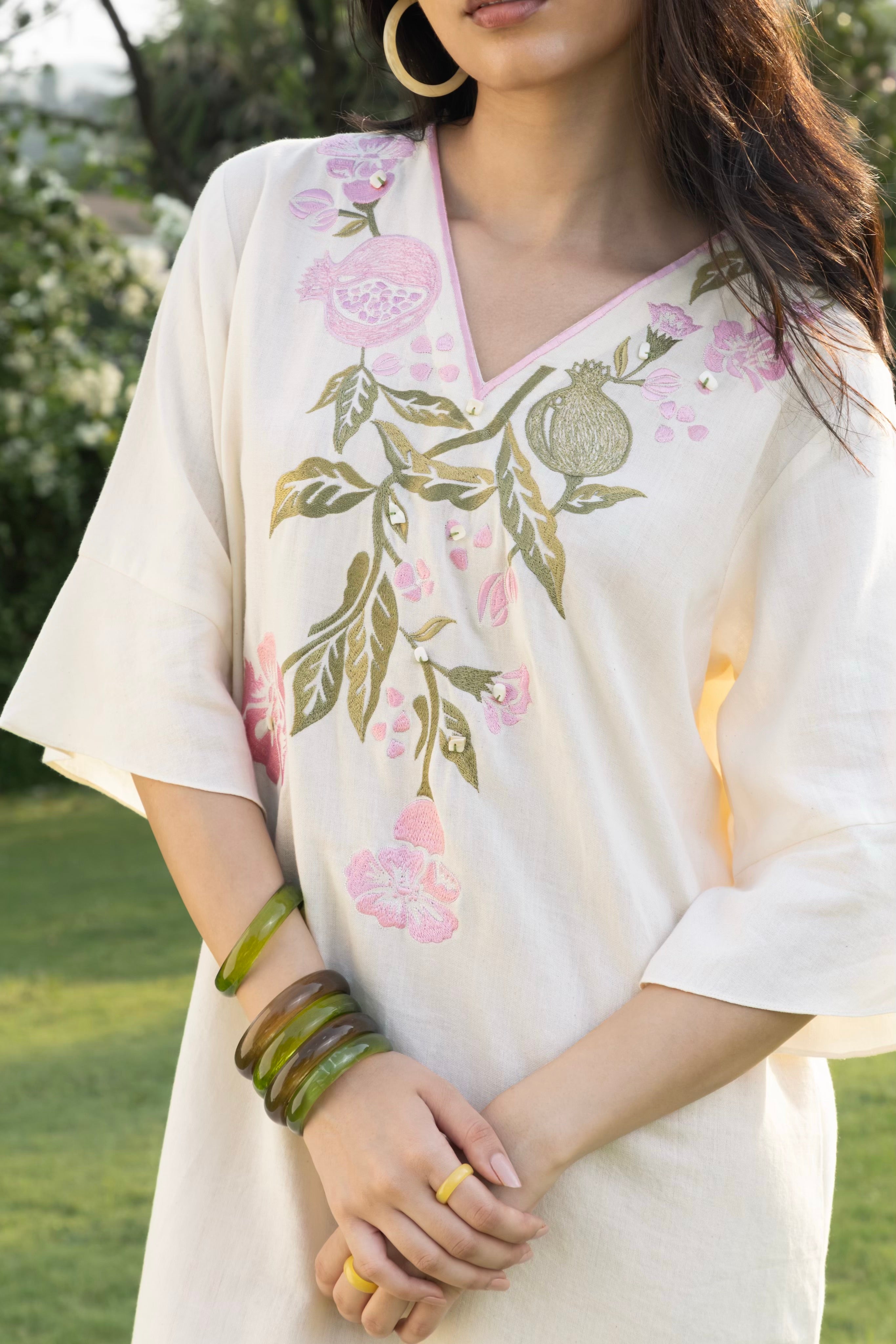 Pomegranate Embroidered Short Kaftan Dress