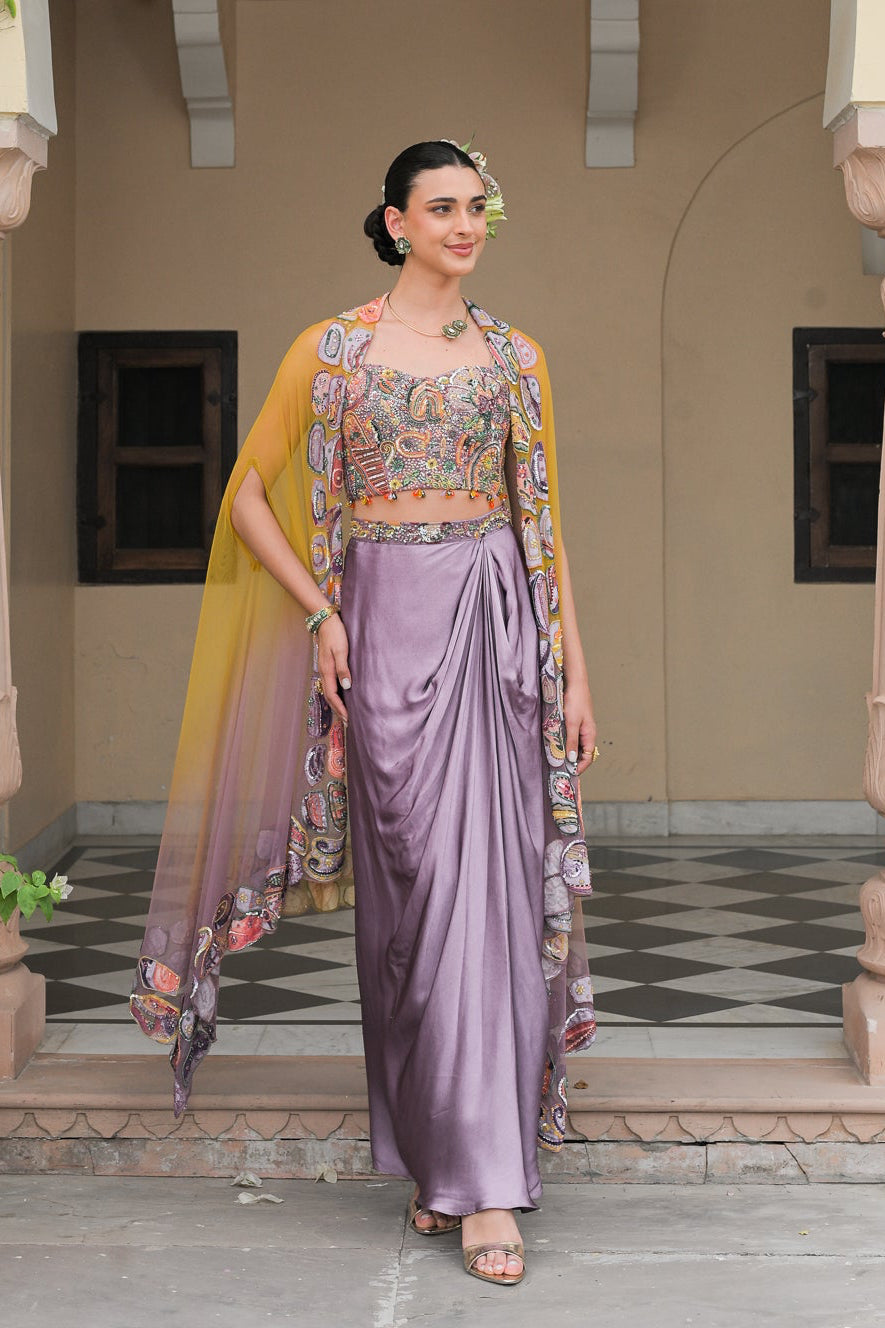 Violet Corset Blouse with Cowl Skirt and Dual Applique Cape Set