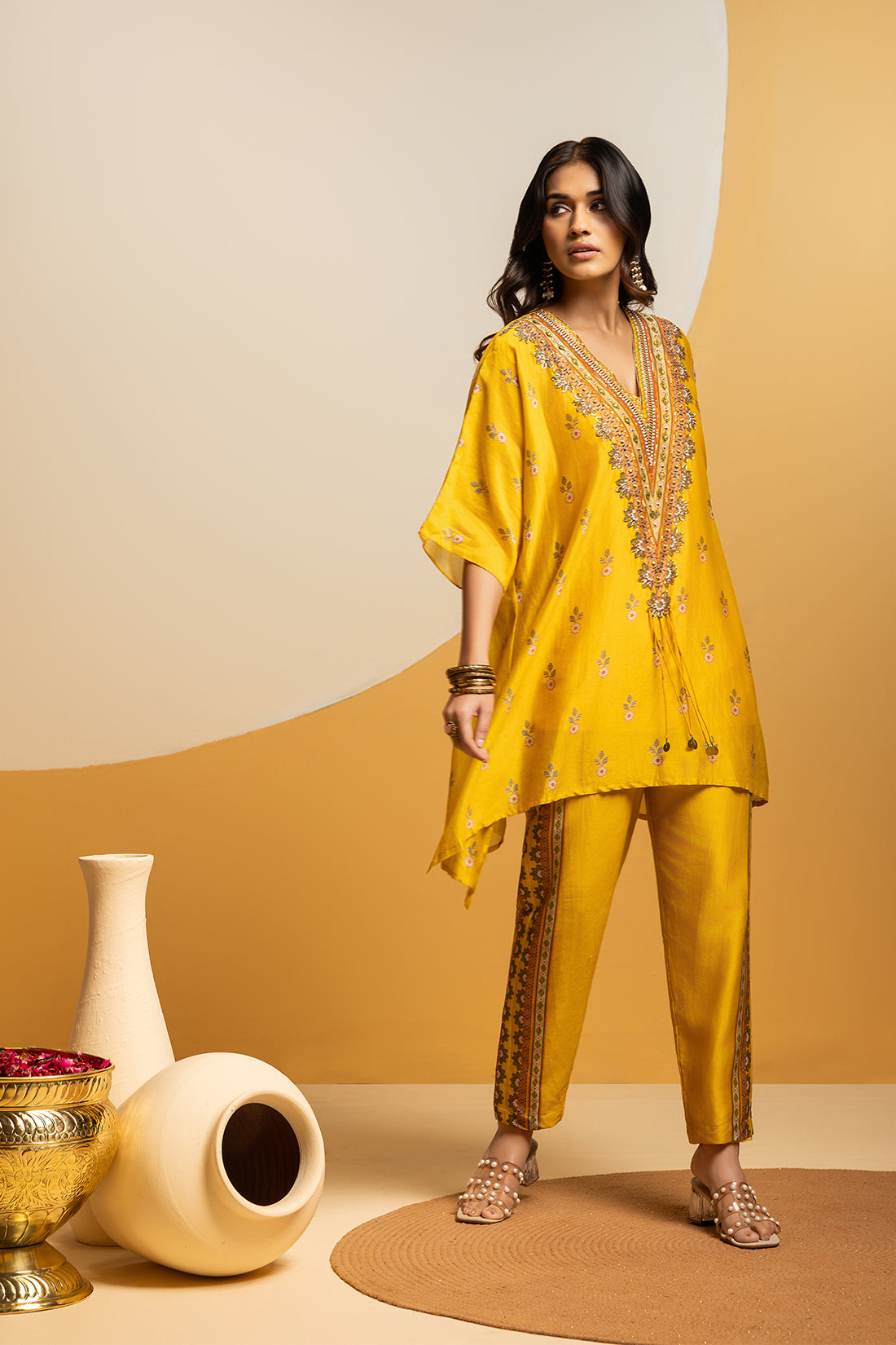 TAARANI YELLOW EMBELLISHED V NECK KURTA SET