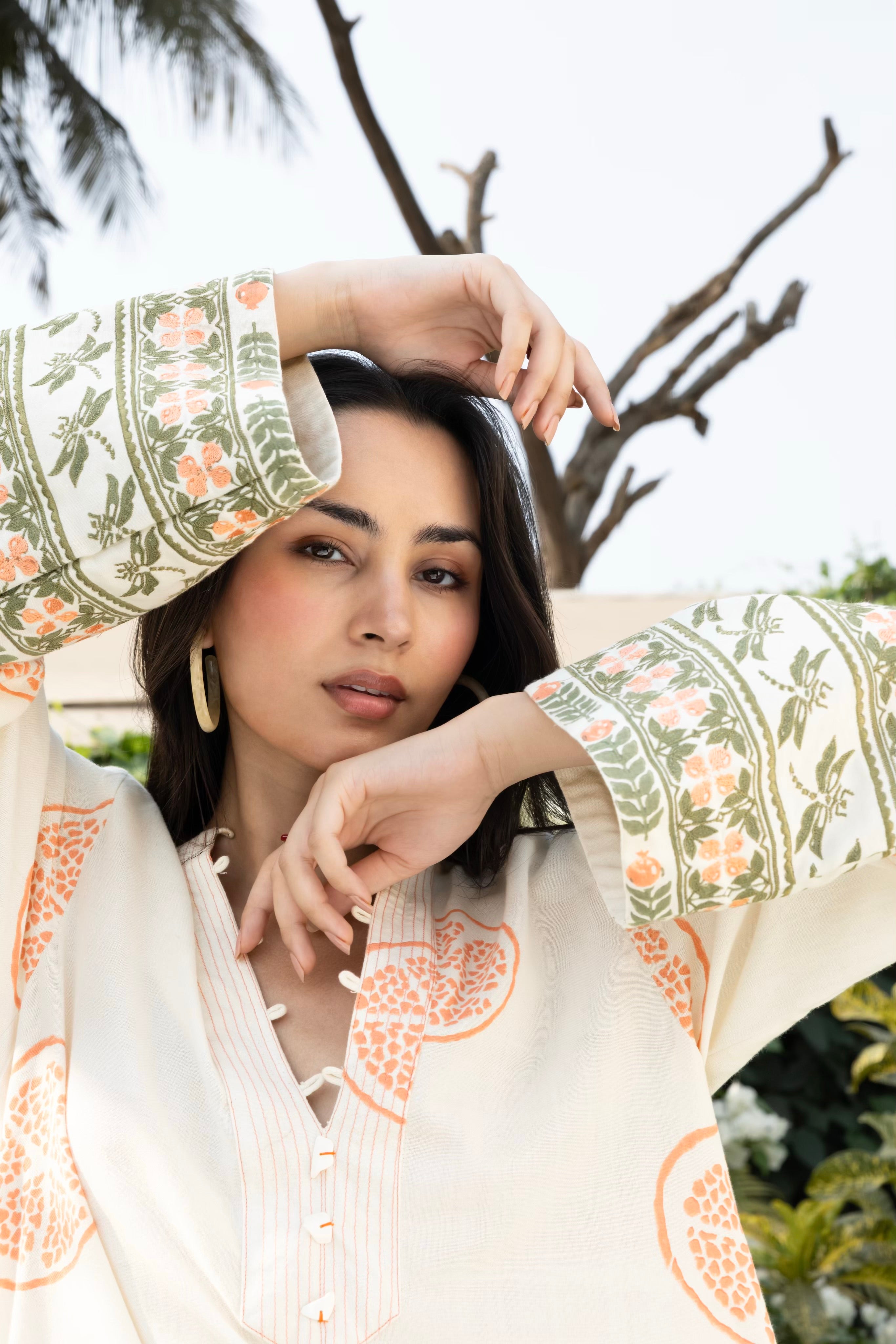 Kaftan with Front Tie-Up & Embroidered Sleeves
