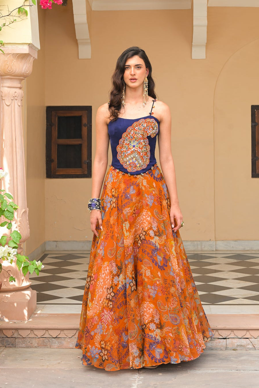 Amber Bloom Organza Printed Lehenga with Paisley Patch Corset