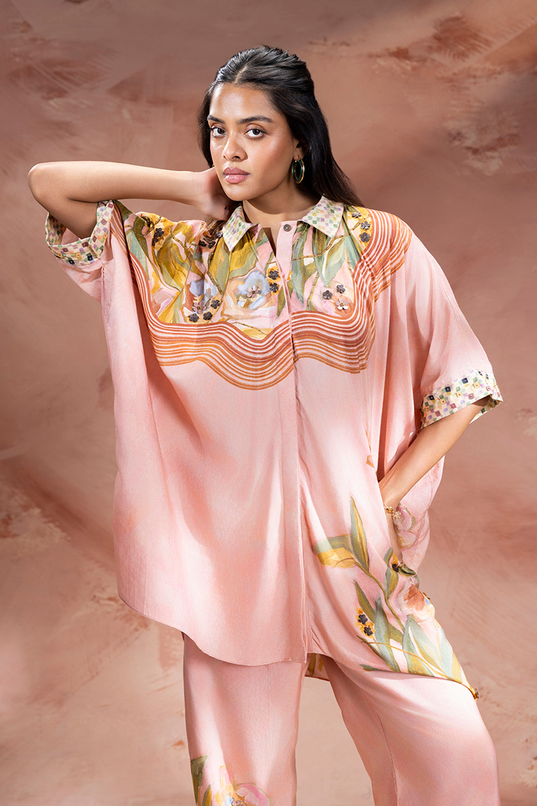 ZEYA PINK EMBELLISHED KIMONO TUNIC AND PANTS