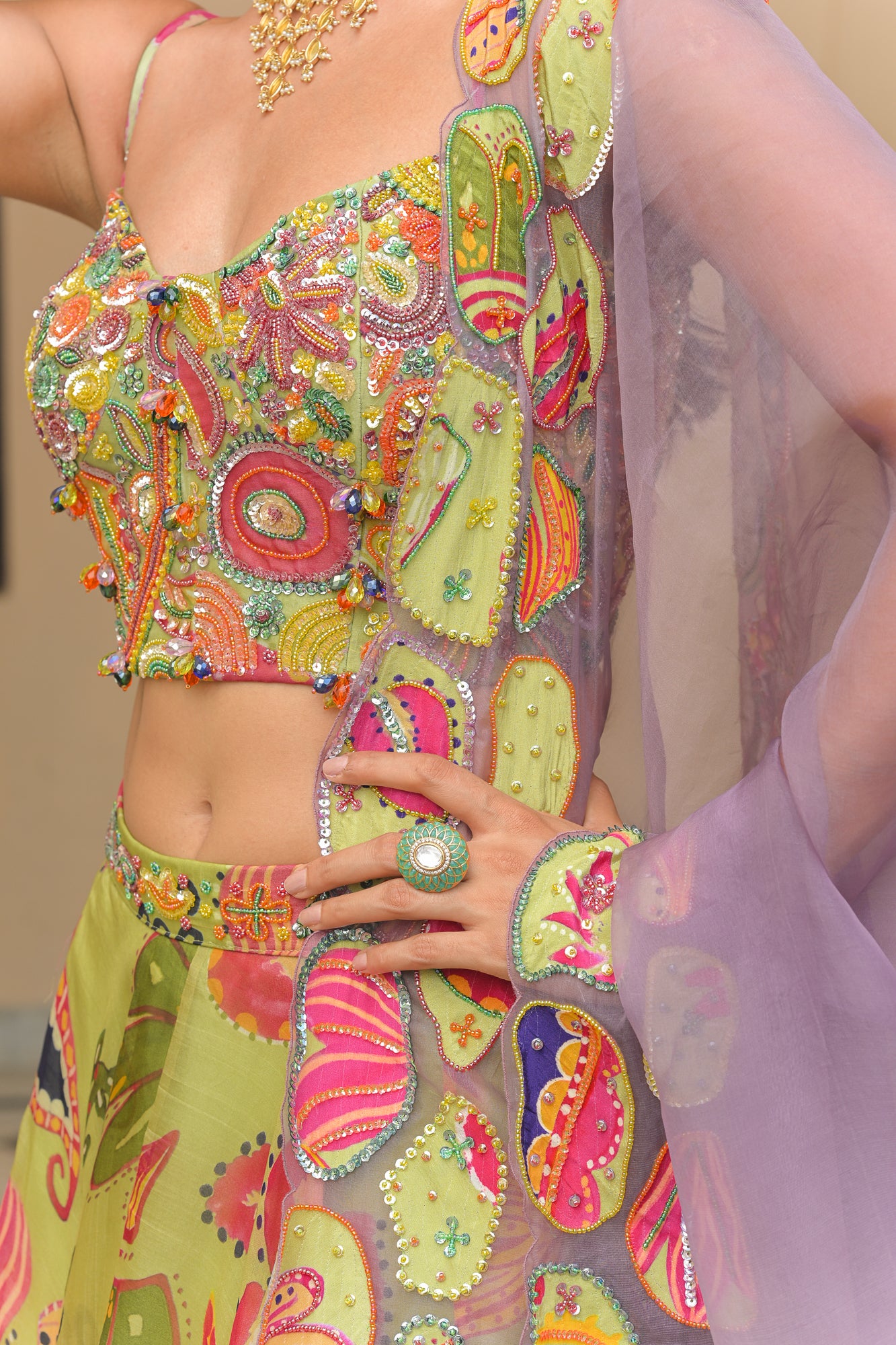 Olive Bloom Lehenga with Corset and Shaded Applique Dupatta