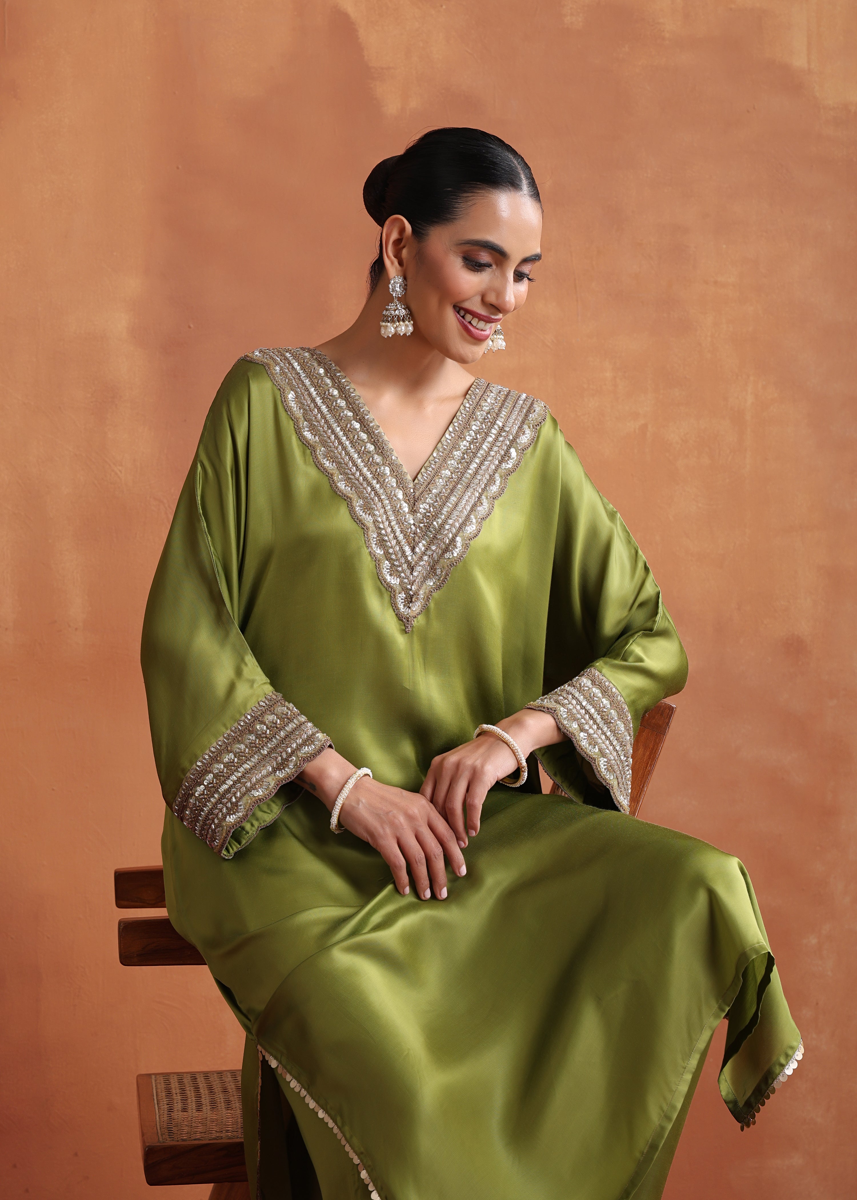 Aanchal Jain in Olive Green Hand embroidery Phiran  Kurta Set