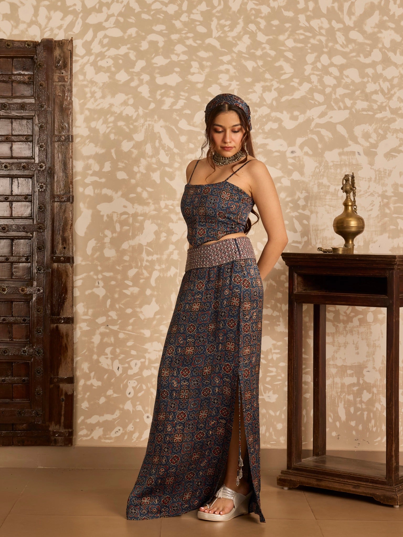 Ajrakh Short Jacket with Corset & Long Skirt Set
