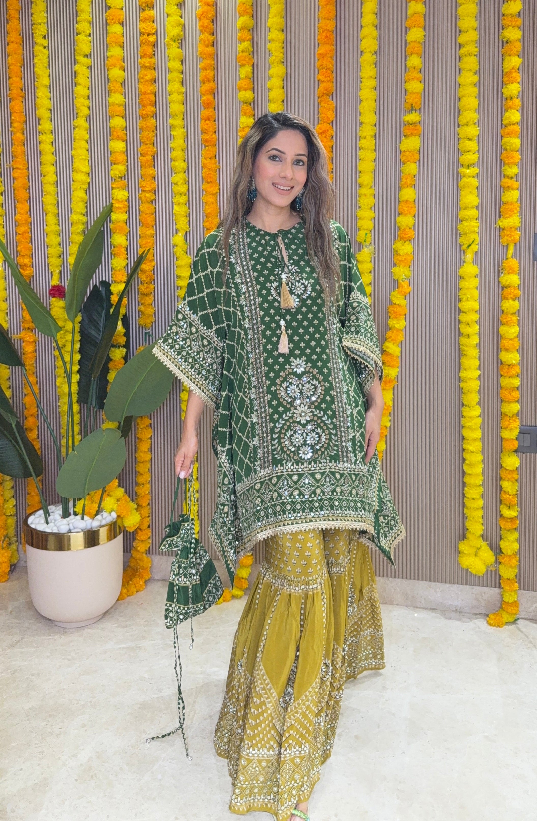 Son Chidhaiya Green-Mustard Kaftan Set