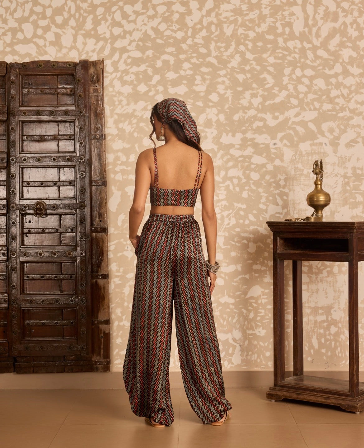 Ajrakh Long Jacket with Bralette & Drape Pants Set