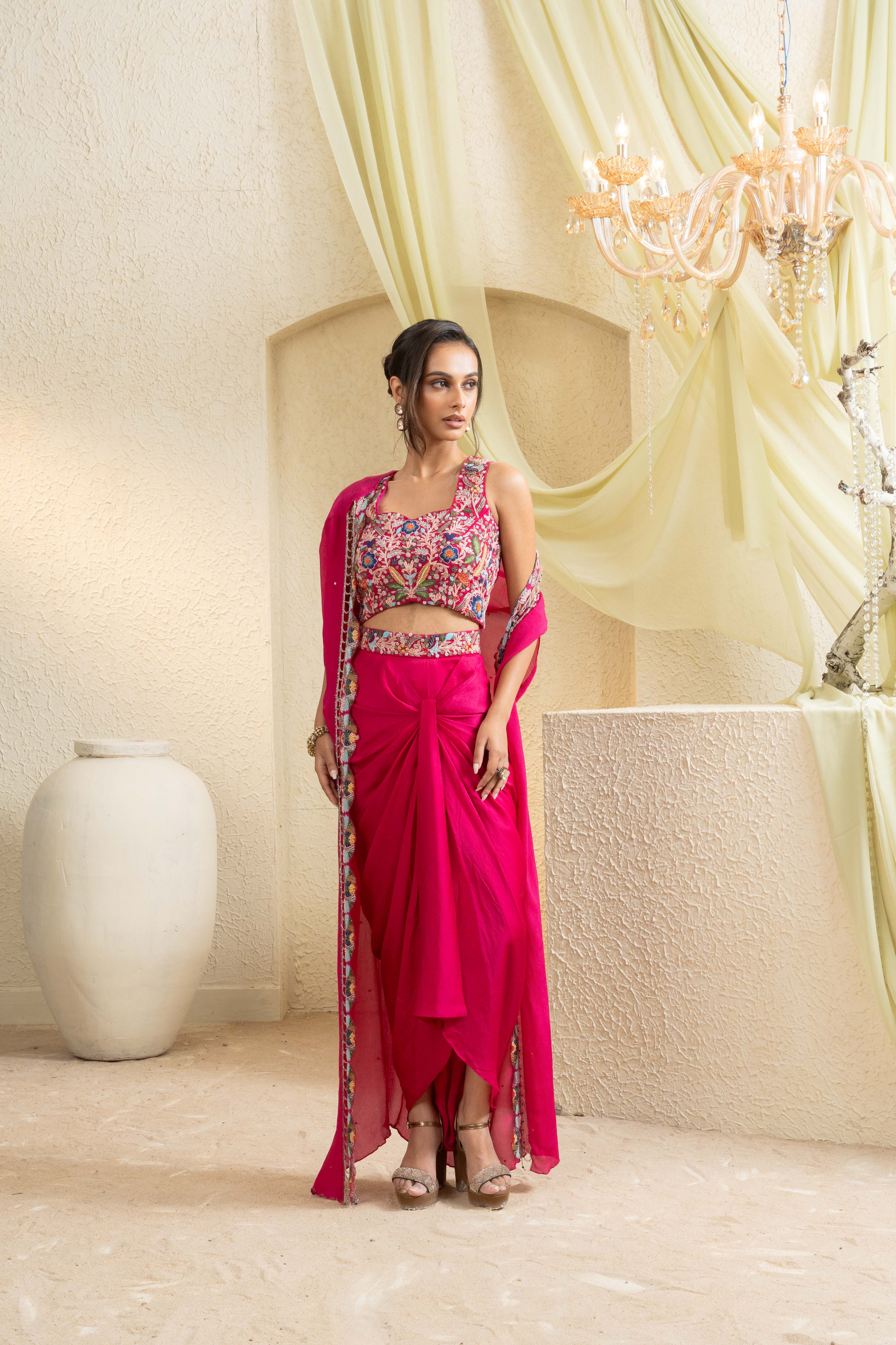 Fuchsia Bloom Embroidered Draped Skirt Set