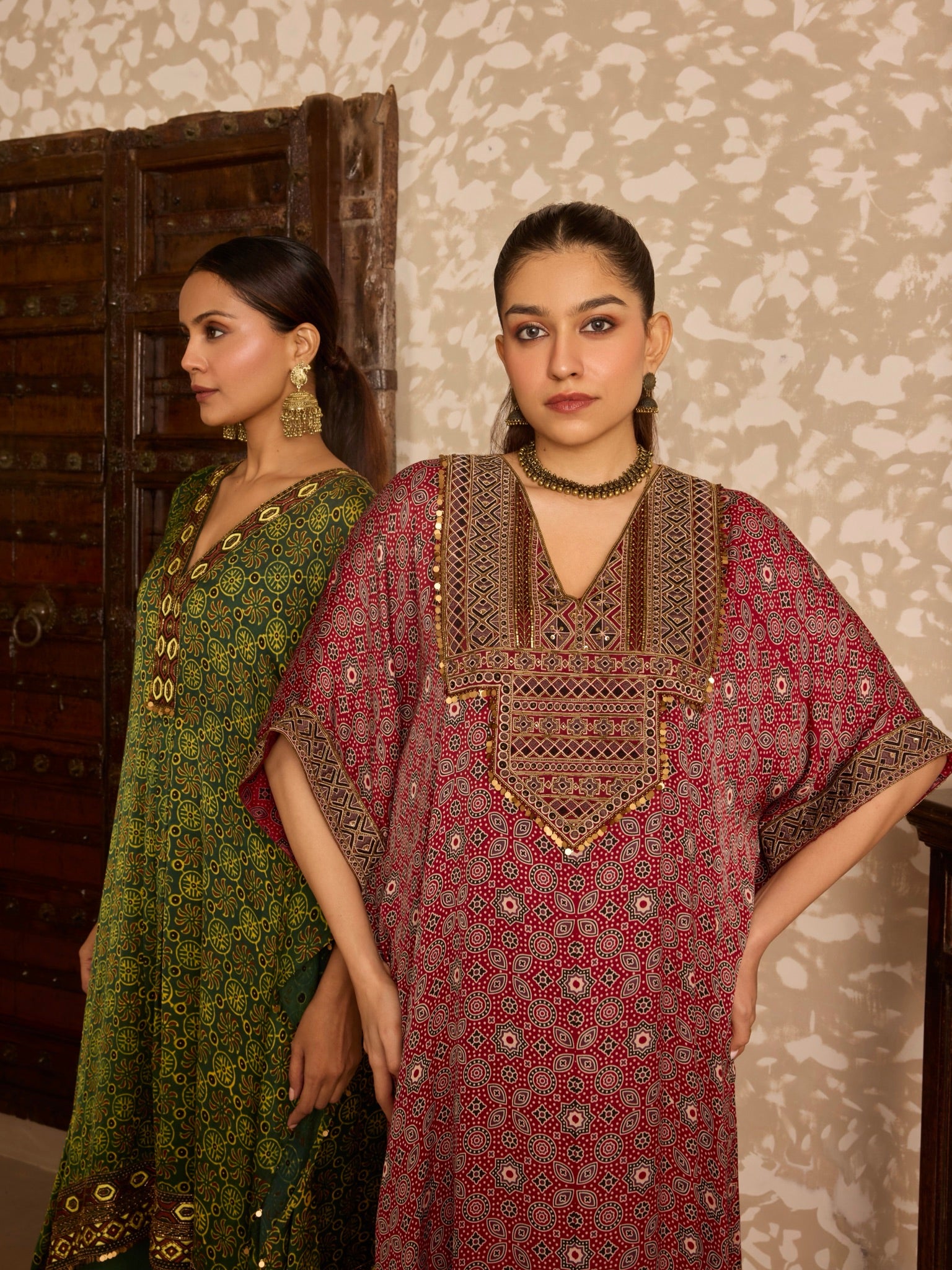 Ajrakh Red Long Kaftan Kurta set