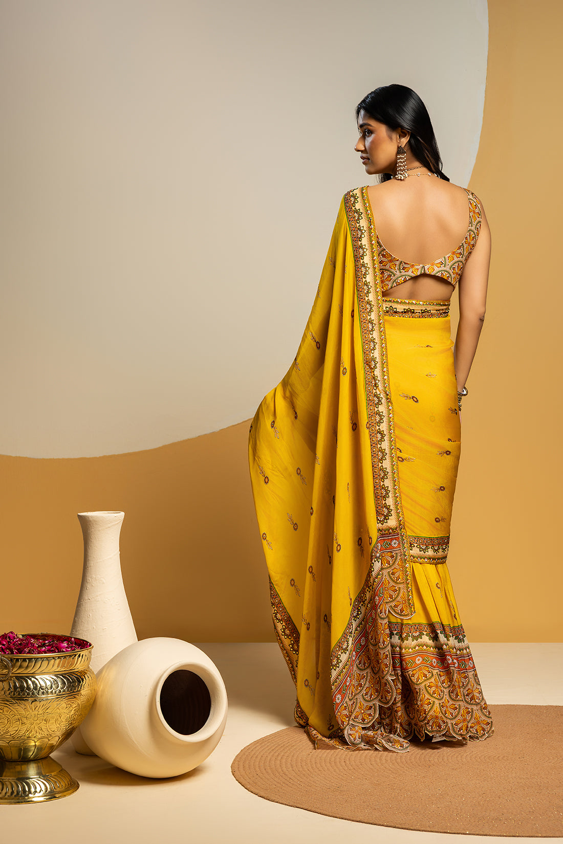 TAARANI YELLOW EMBELLISHED PRE STITCHED SAREE SET