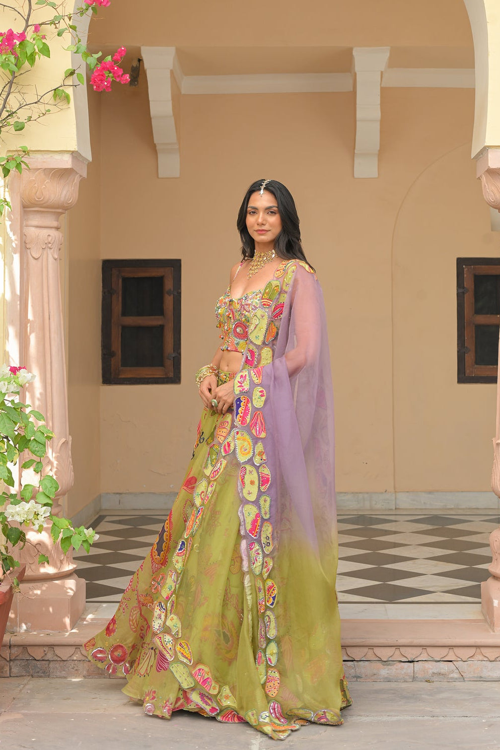 Olive Bloom Lehenga with Corset and Shaded Applique Dupatta