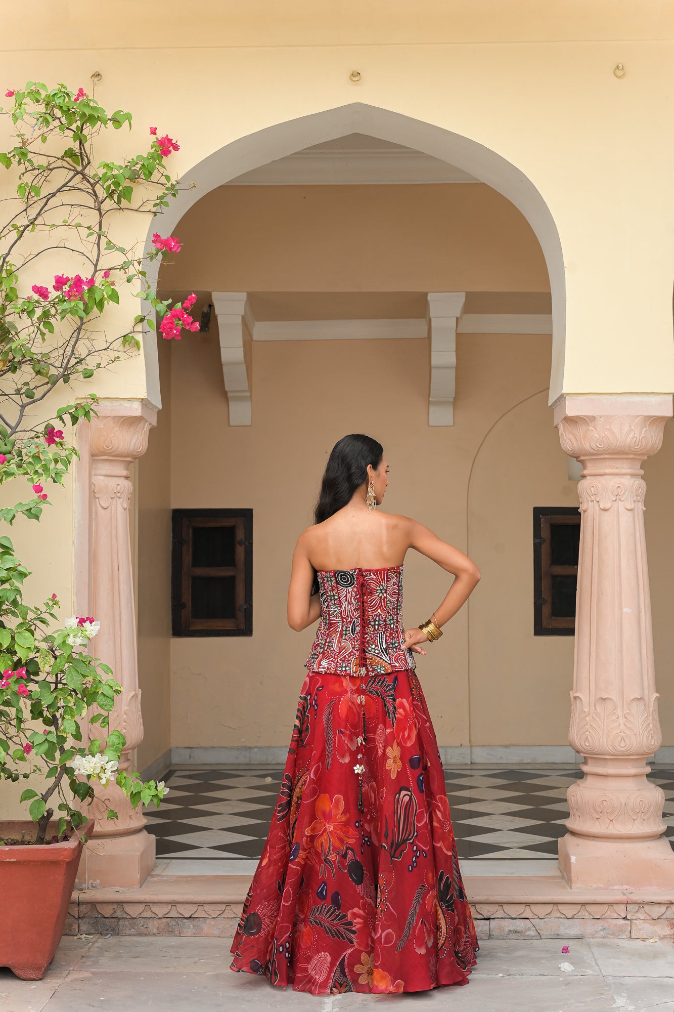 Scarlet Bloom Lehenga with Embroidered Corset