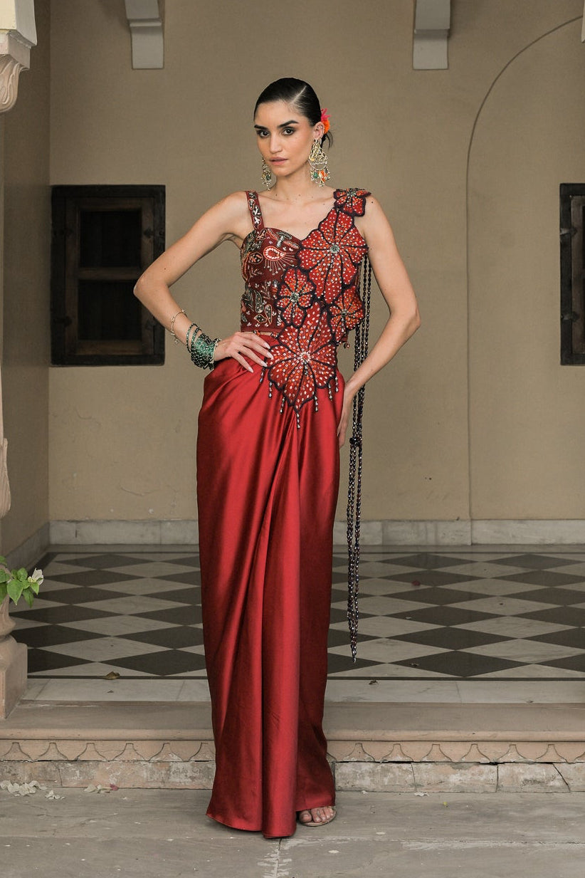 Scarlet Dhoti Skirt Flower Patch Tassel Saree Paired With Thread Work Highlight Corset Blouse