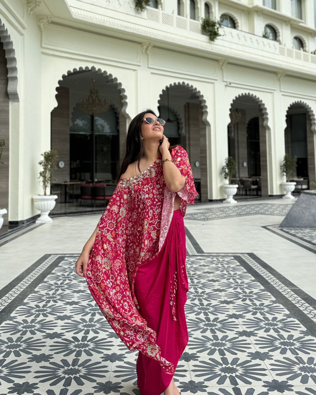 Gulabi Noor Pleated Skirt with Asymmetric Cape Set