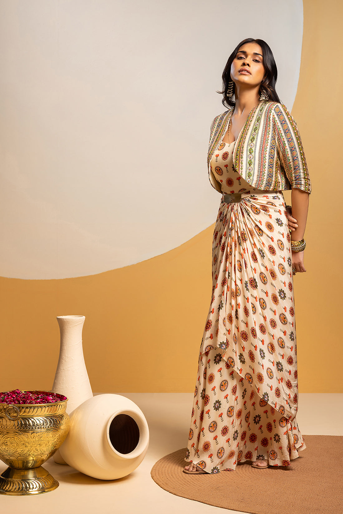 TAARANI OFF WHITE EMBELLISHED LONG DRAPE DRESS SET