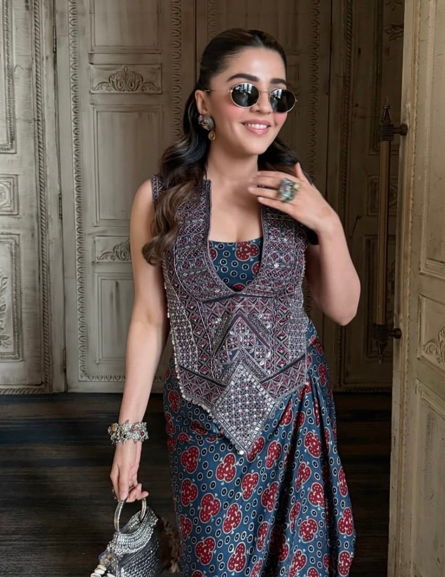 Ajrakh Tie Up Top with Drape Skirt Set