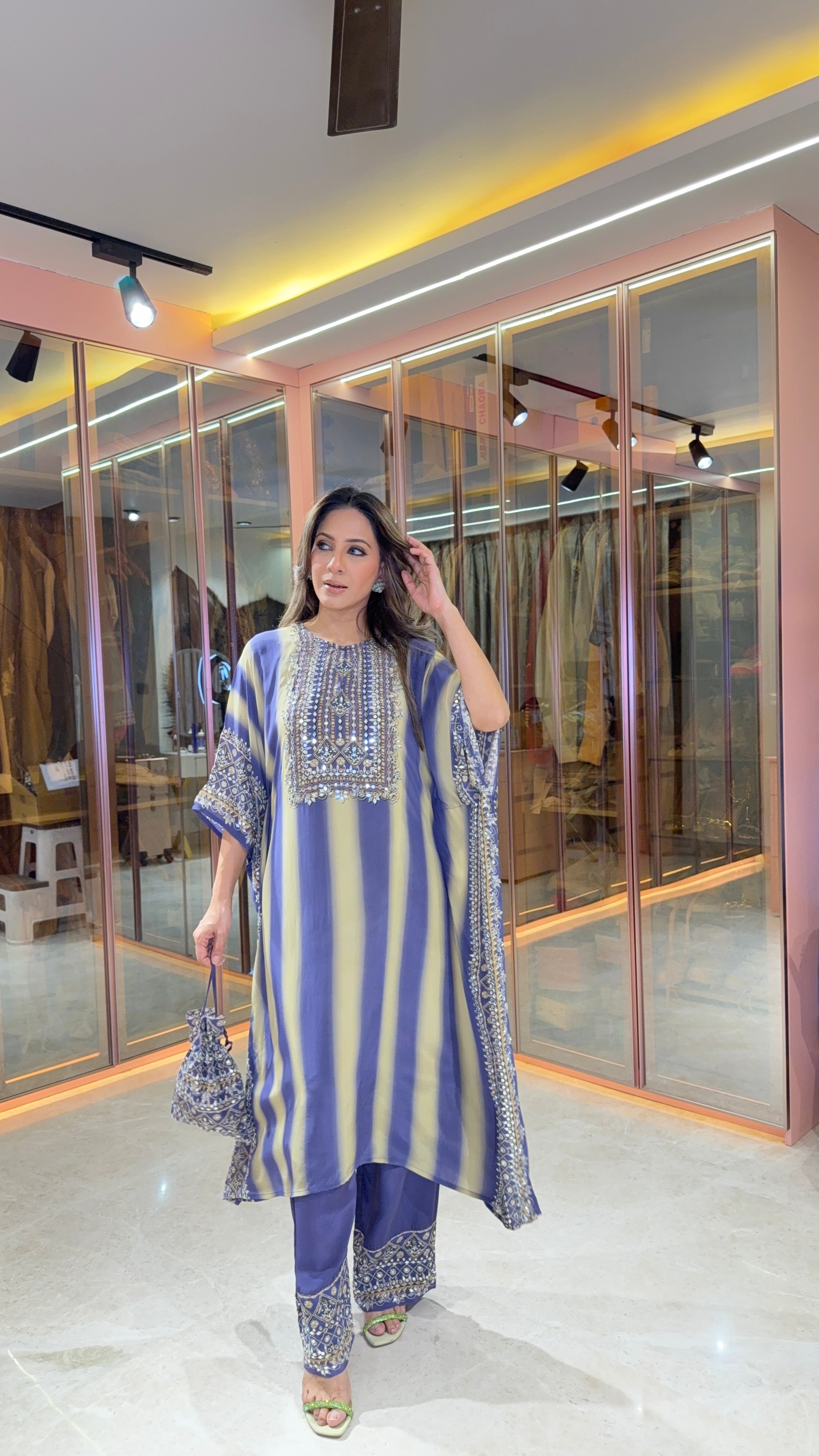 Aanchal Jain in Salma Sitara Black & Beige  Kaftan Set