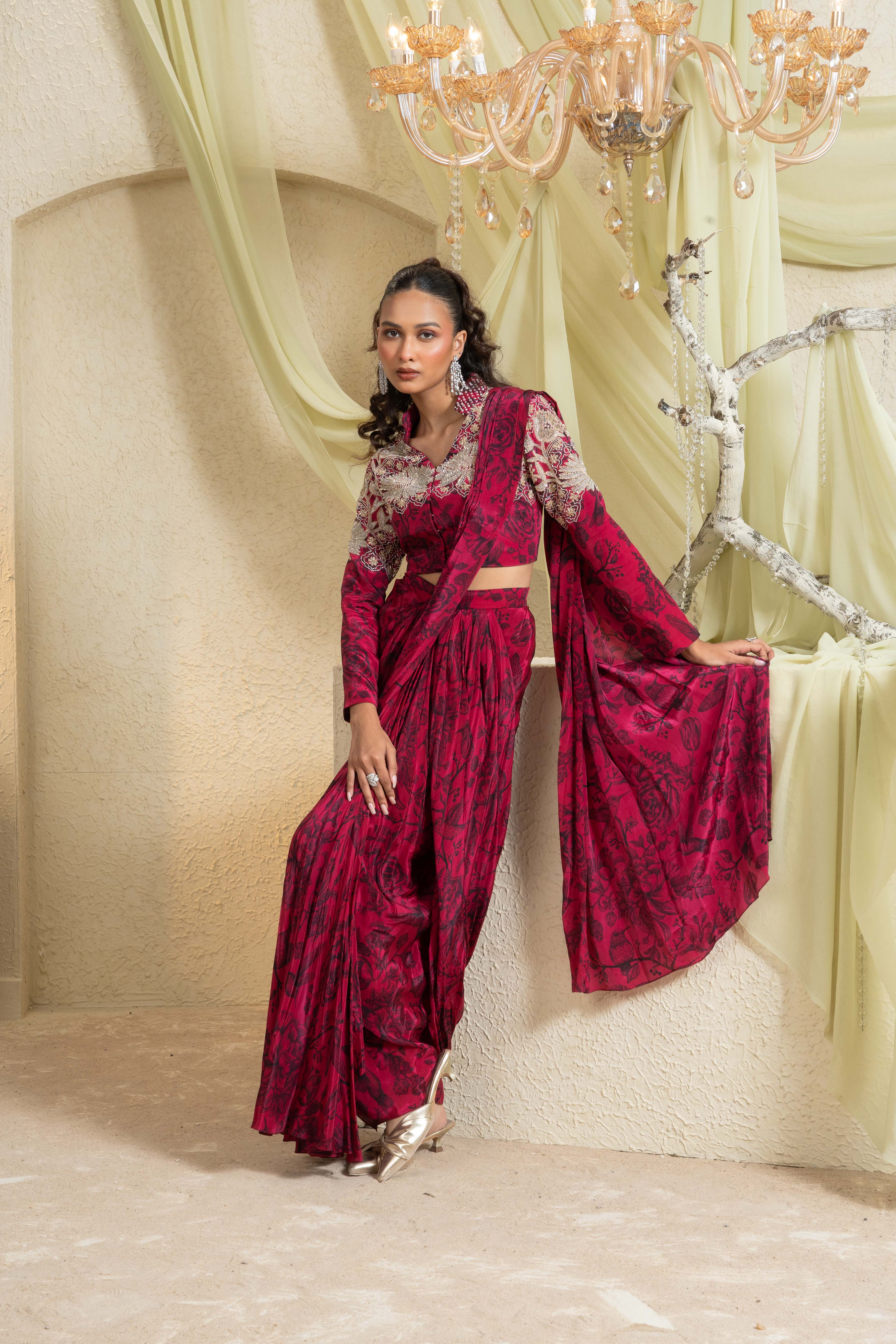 Shadow Rose Jacket Style Pre Draped Saree Set