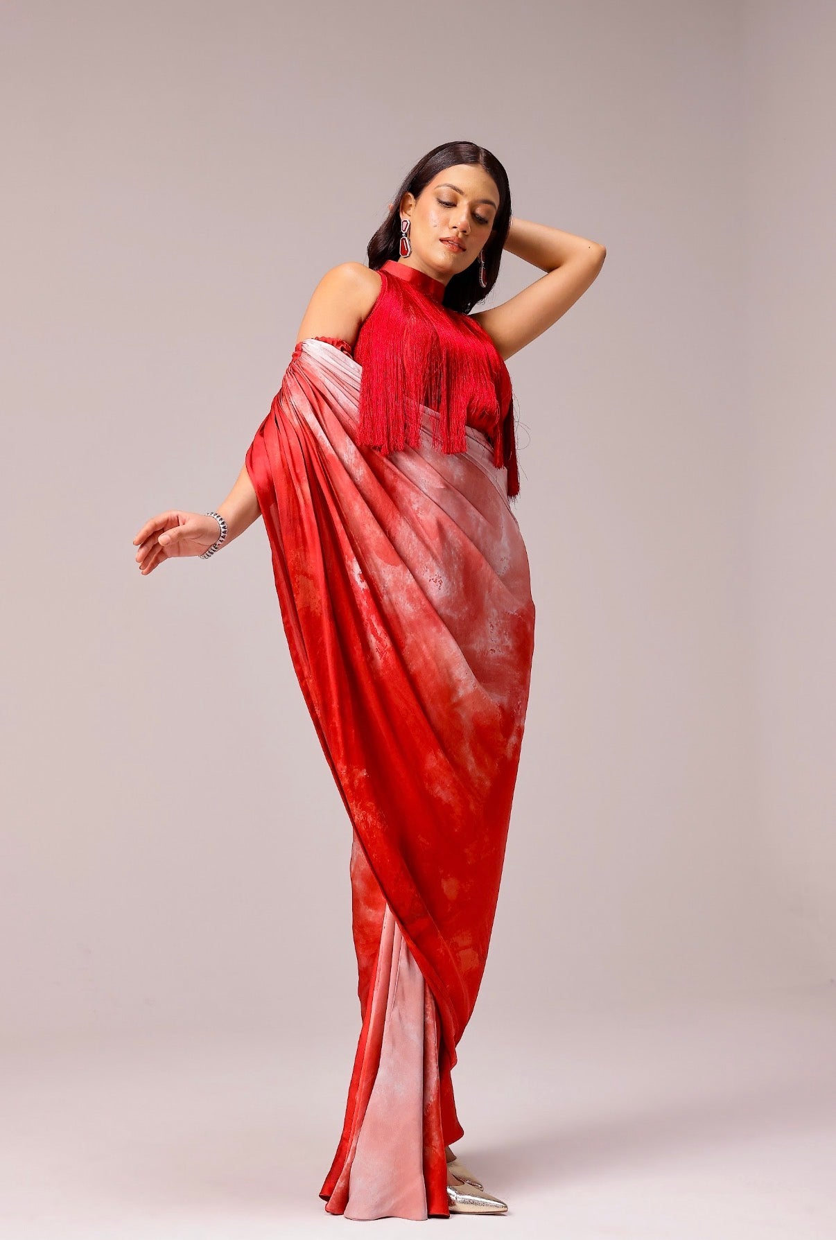 Rosette Draped Sari with Fringe Blouse