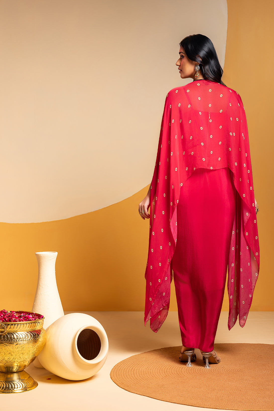 TAARANI PINK DRAPED DRESS WITH EMBROIDERED CAPE