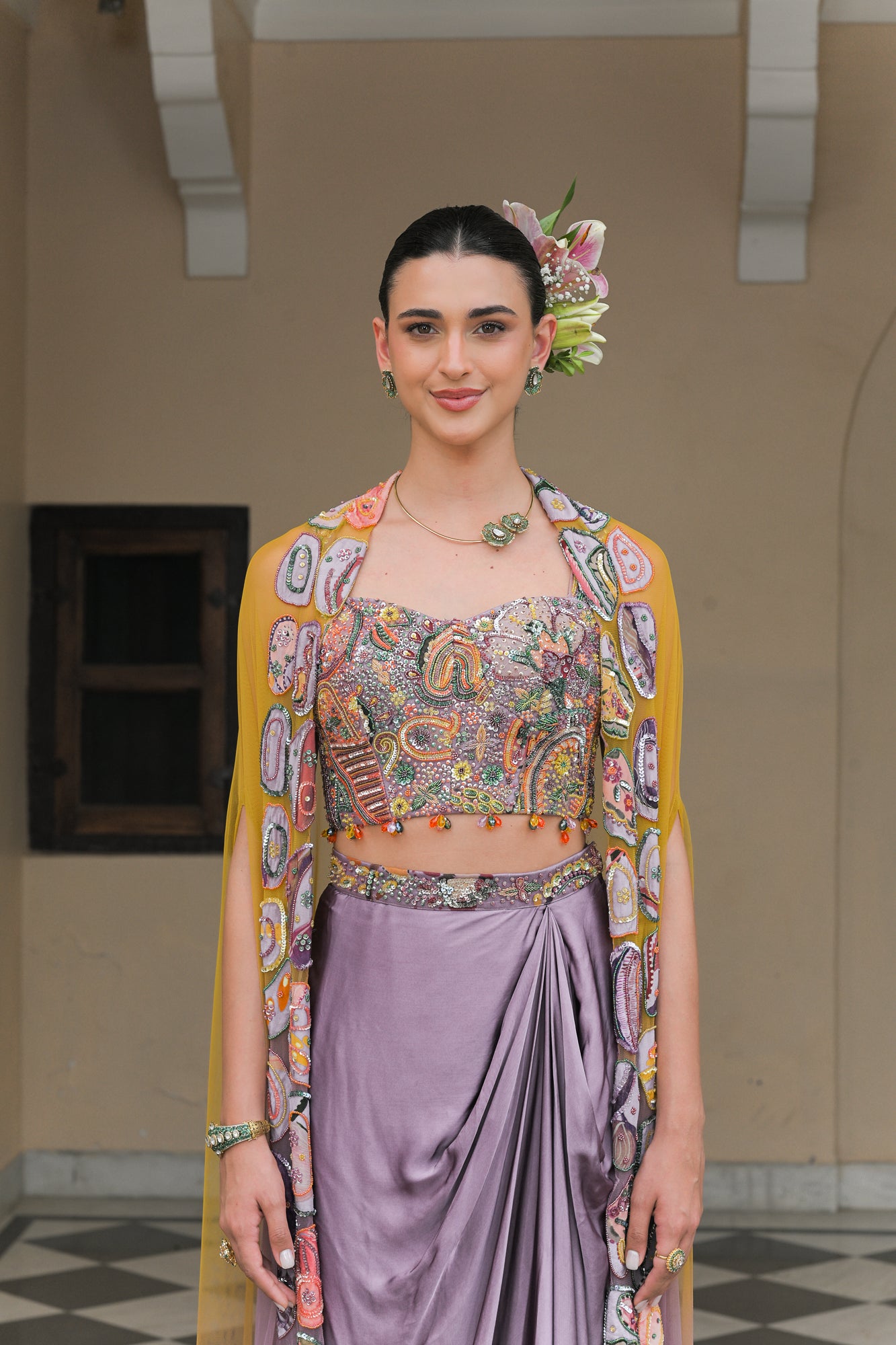 Violet Corset Blouse with Cowl Skirt and Dual Applique Cape Set