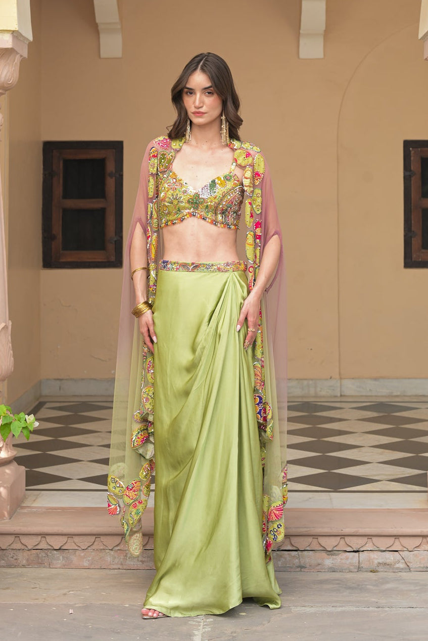 Olive Bloom Bralette with Cowl Skirt and Applique Cape Set