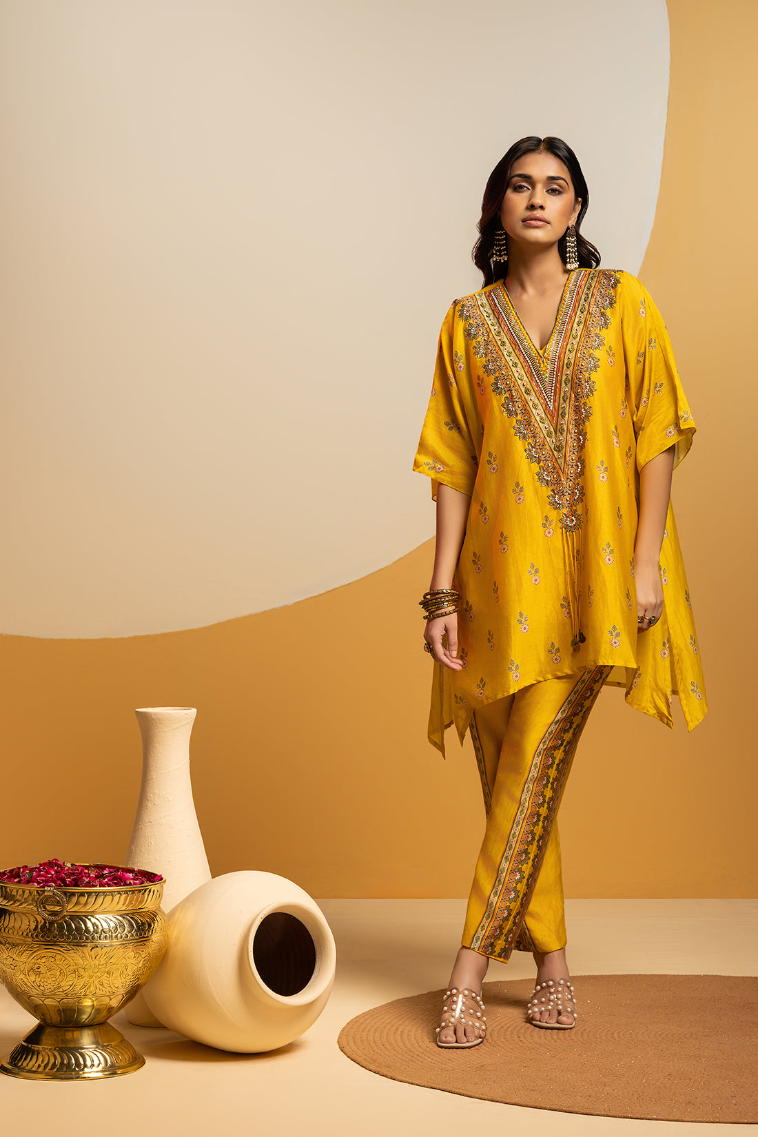 TAARANI YELLOW EMBELLISHED V NECK KURTA SET