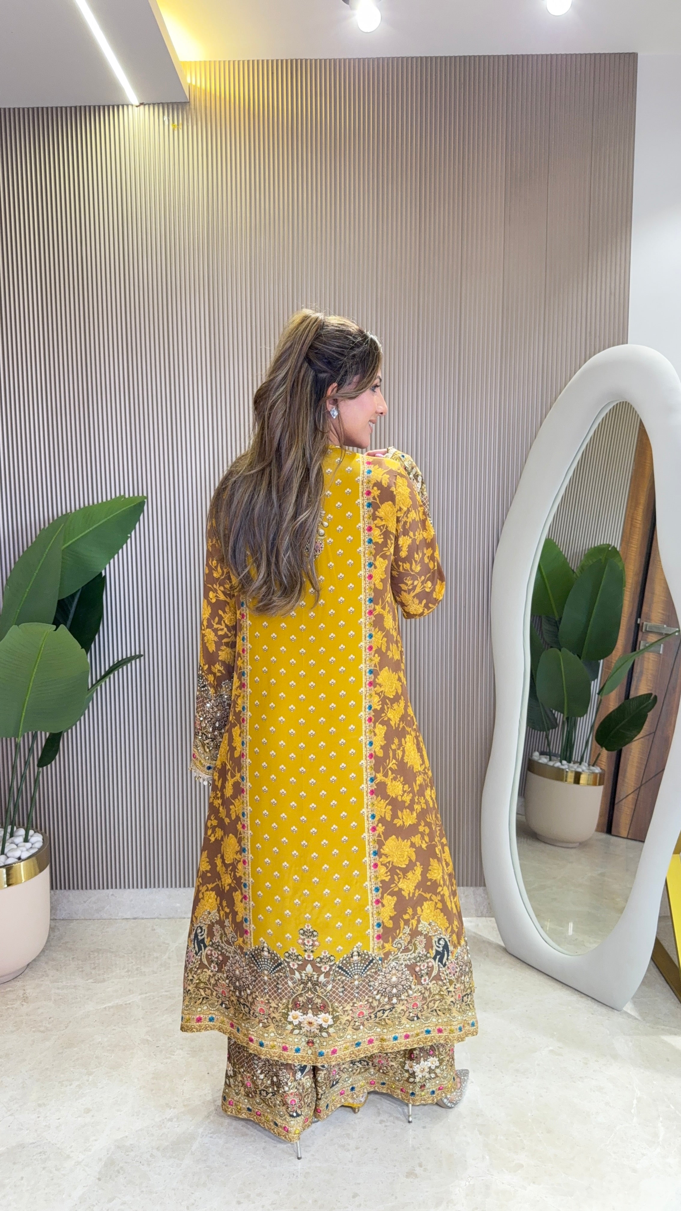 Rah Yellow - Brown A line Kurta with Palazzo & Dupatta