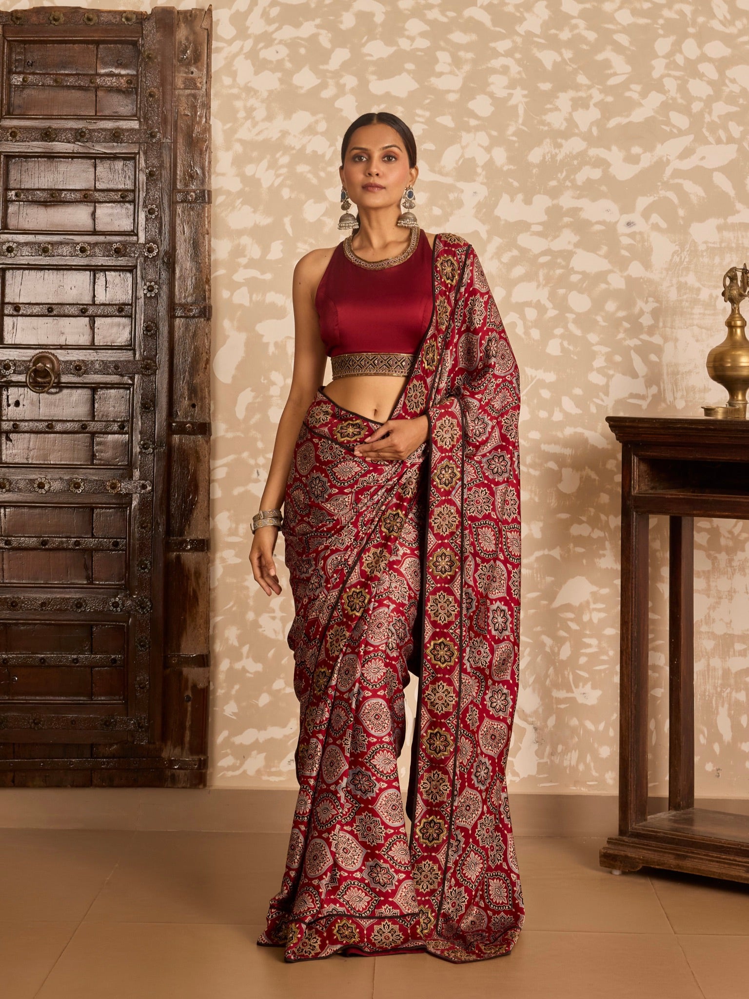 Ajrakh Halter neck blouse with saree