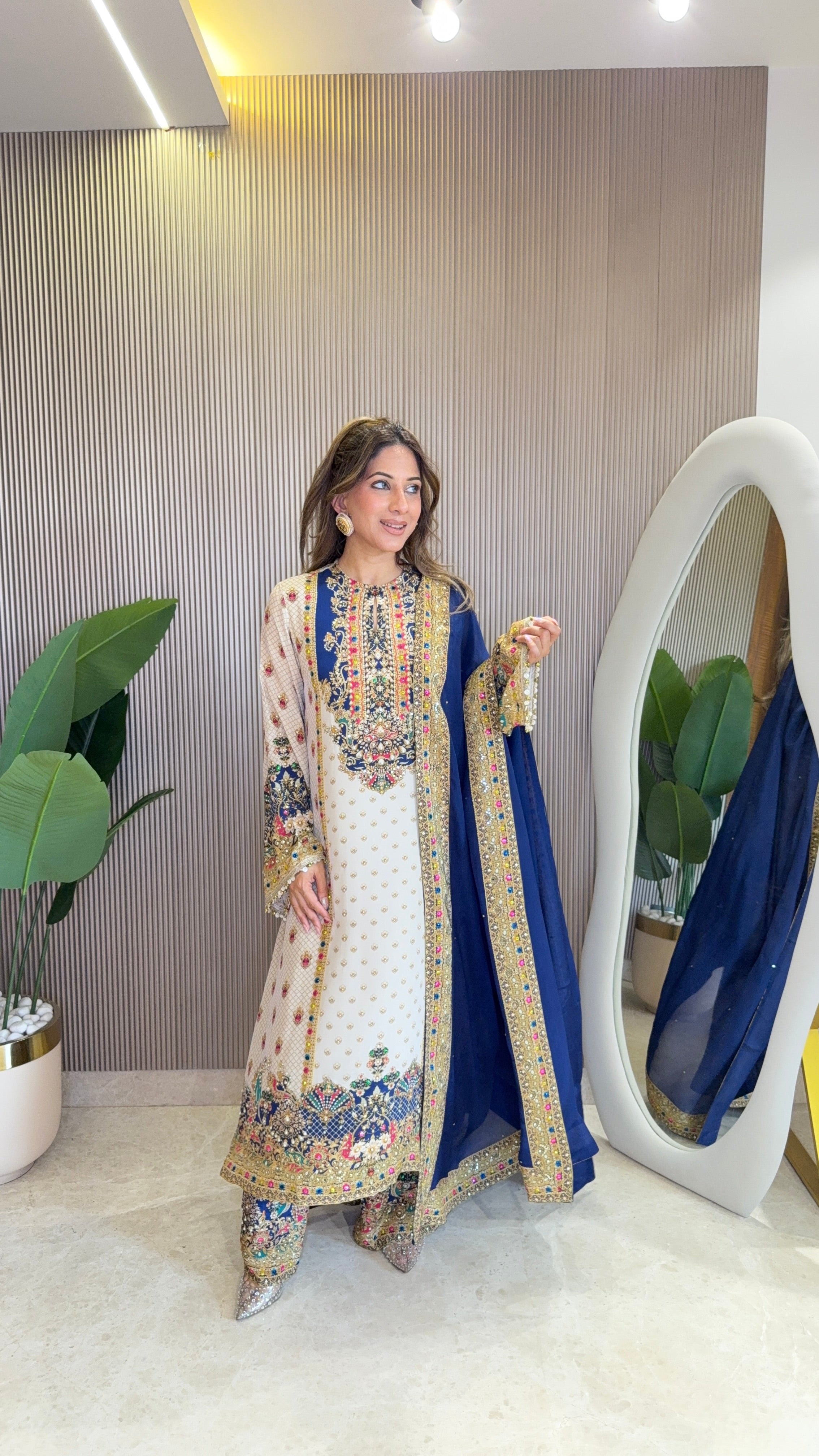 Rah Off White - Blue A line Kurta with Palazzo & Dupatta