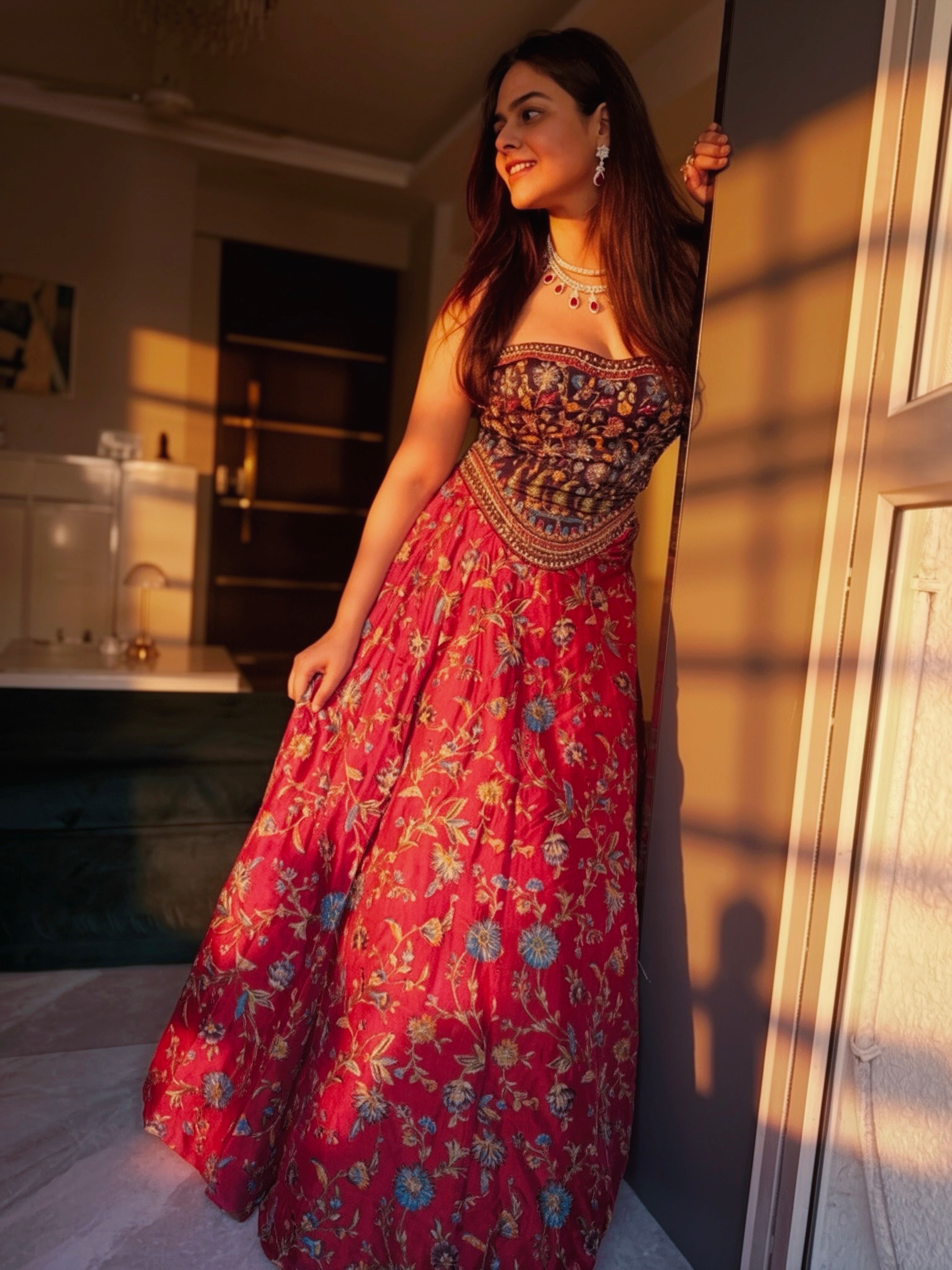 Noorani Ruby-Purple Hand Embroidered Corset Lehenga Set