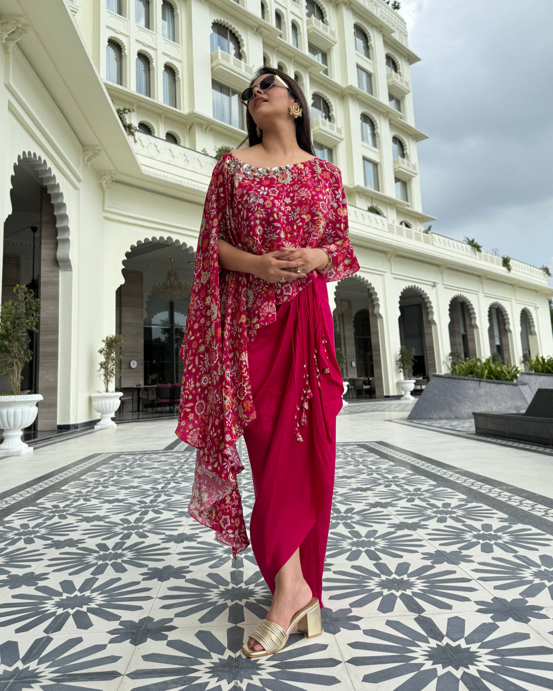 Gulabi Noor Pleated Skirt with Asymmetric Cape Set